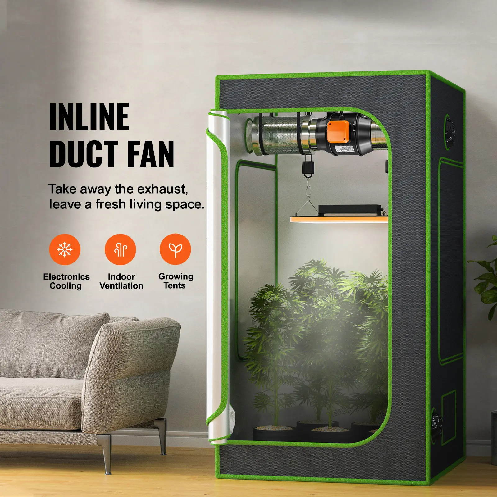 SucceBuy Inline Duct Fan Quiet EC-motor Ventilation Exhaust  with Temperature Humidity Controller for Cooling Booster Grow Tents