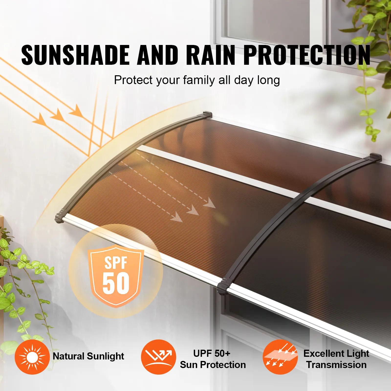 SucceBuy Window Door Awning Canopy 3 Sizes UPF 50+ Polycarbonate Entry Window Awning Front Door Overhang Awning for Sun Shutter