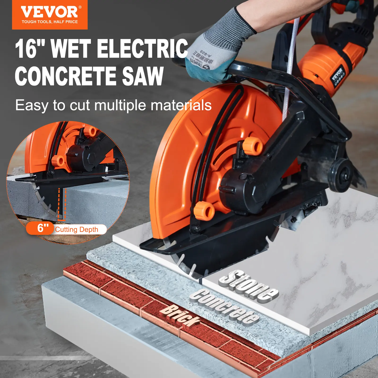 VEVOR Electric Concrete Saw 16 in 3200 W 15 A Motor Circular Saw Cutter with Max. 6 in Adjustable Cutting Depth Wet Disk Saw