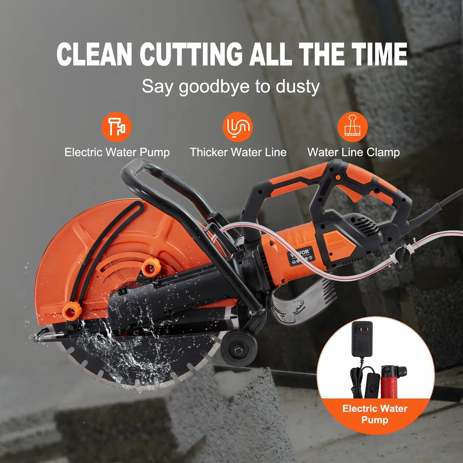 VEVOR Electric Concrete Saw 16 in 3200 W 15 A Motor Circular Saw Cutter with Max. 6 in Adjustable Cutting Depth Wet Disk Saw