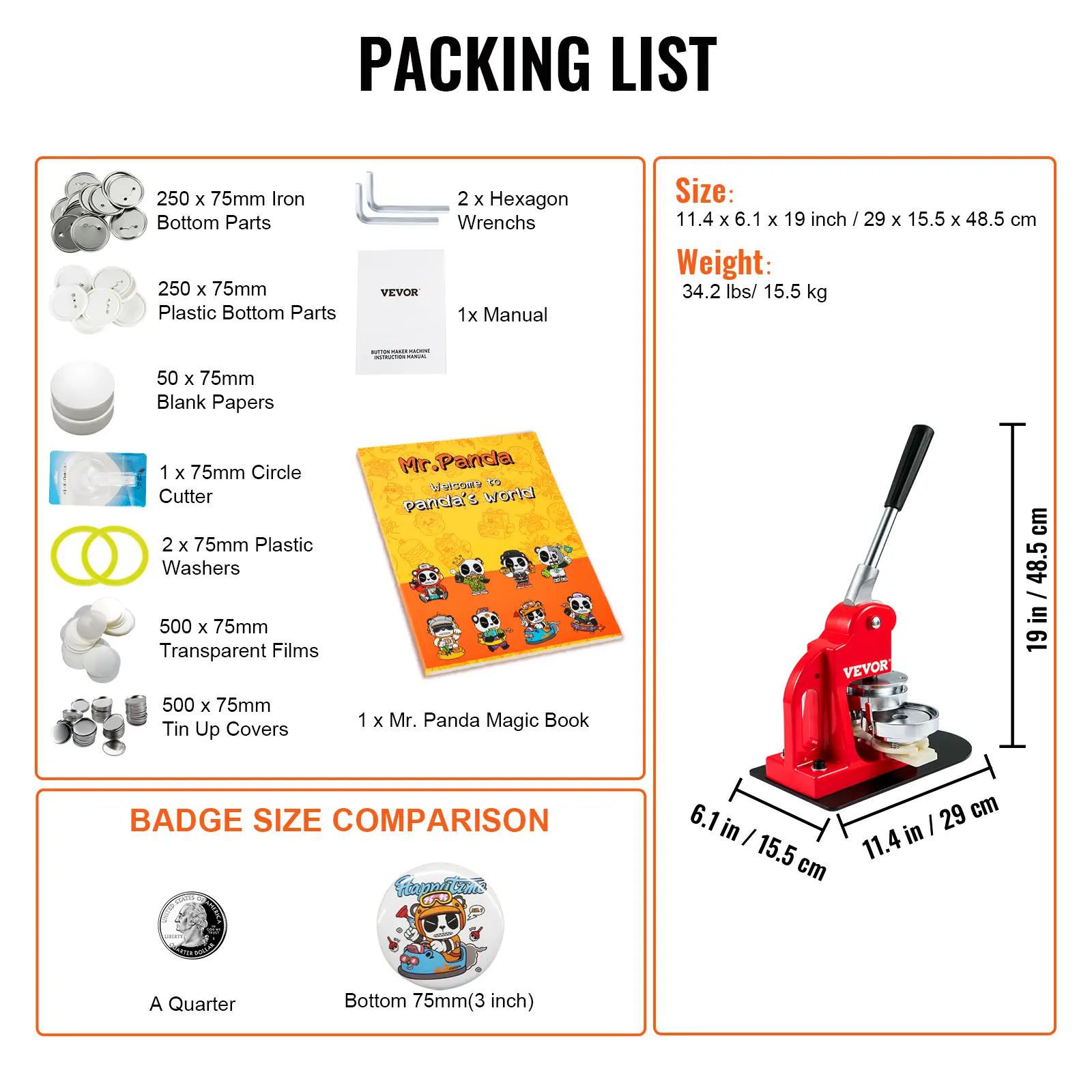 SucceBuy 25/32/58/75MM Badge Maker Machine DIY Button Pin with 500Pcs Free Parts Press Kit Circle Manufacture Button Making Tool