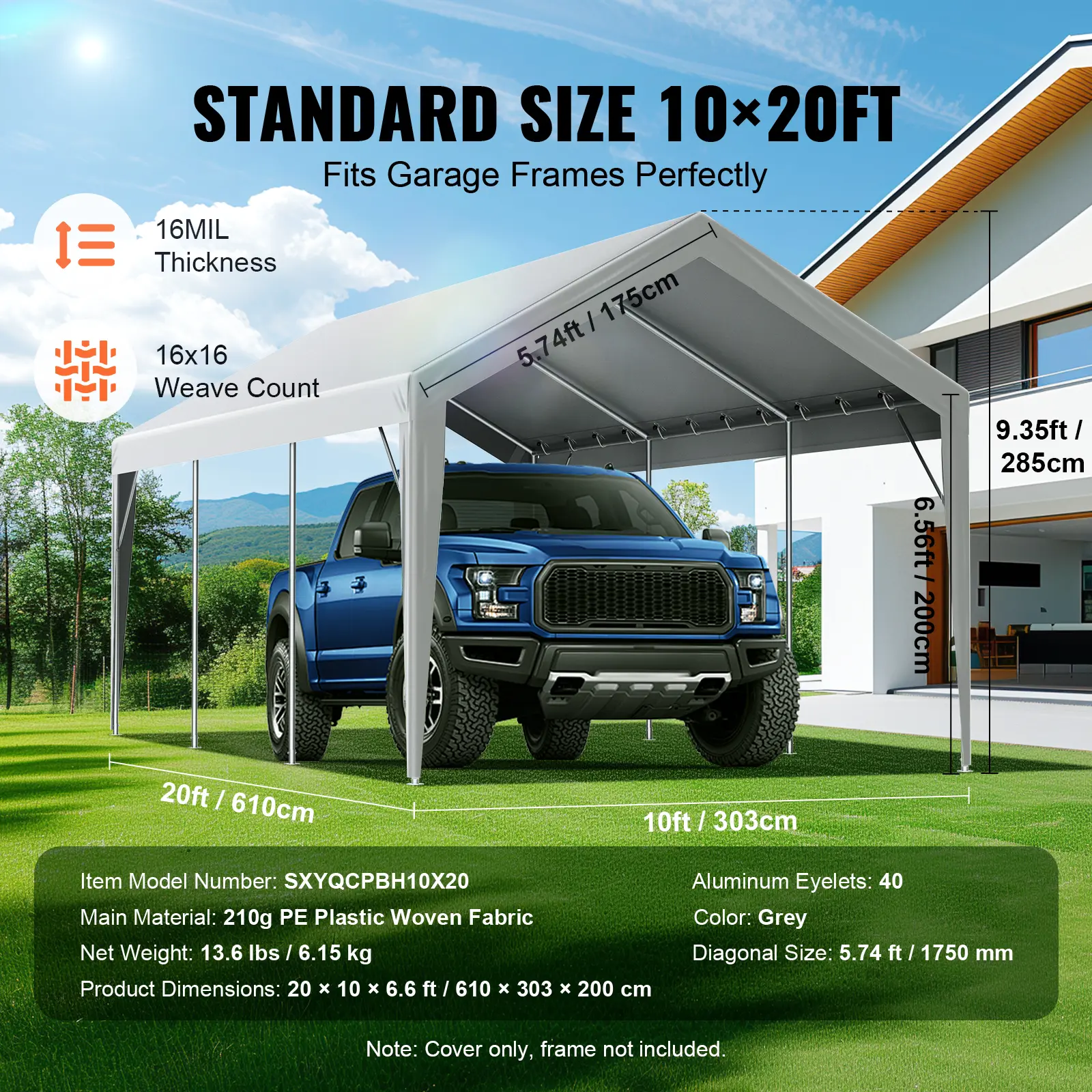 SucceBuy Carport Replacement Canopy Cover Garage Top Tent Shelter Tarp Heavy-Duty Waterproof & UV Protected