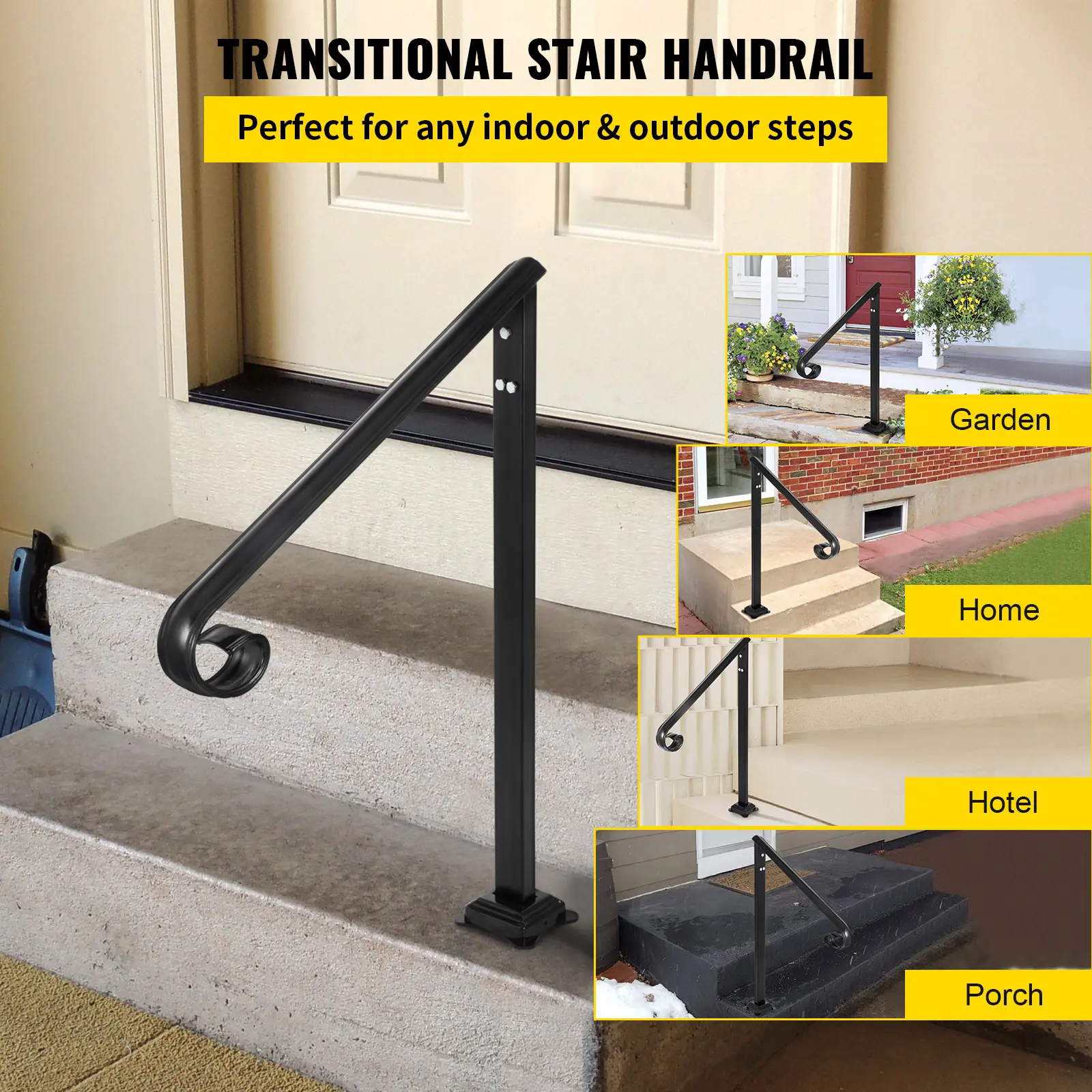 SucceBuy Iron Handrails For Outdoor Steps 1/2/3Step Railings Pipe Handrail Stair Railings For Steps Black Iron Railings Garden