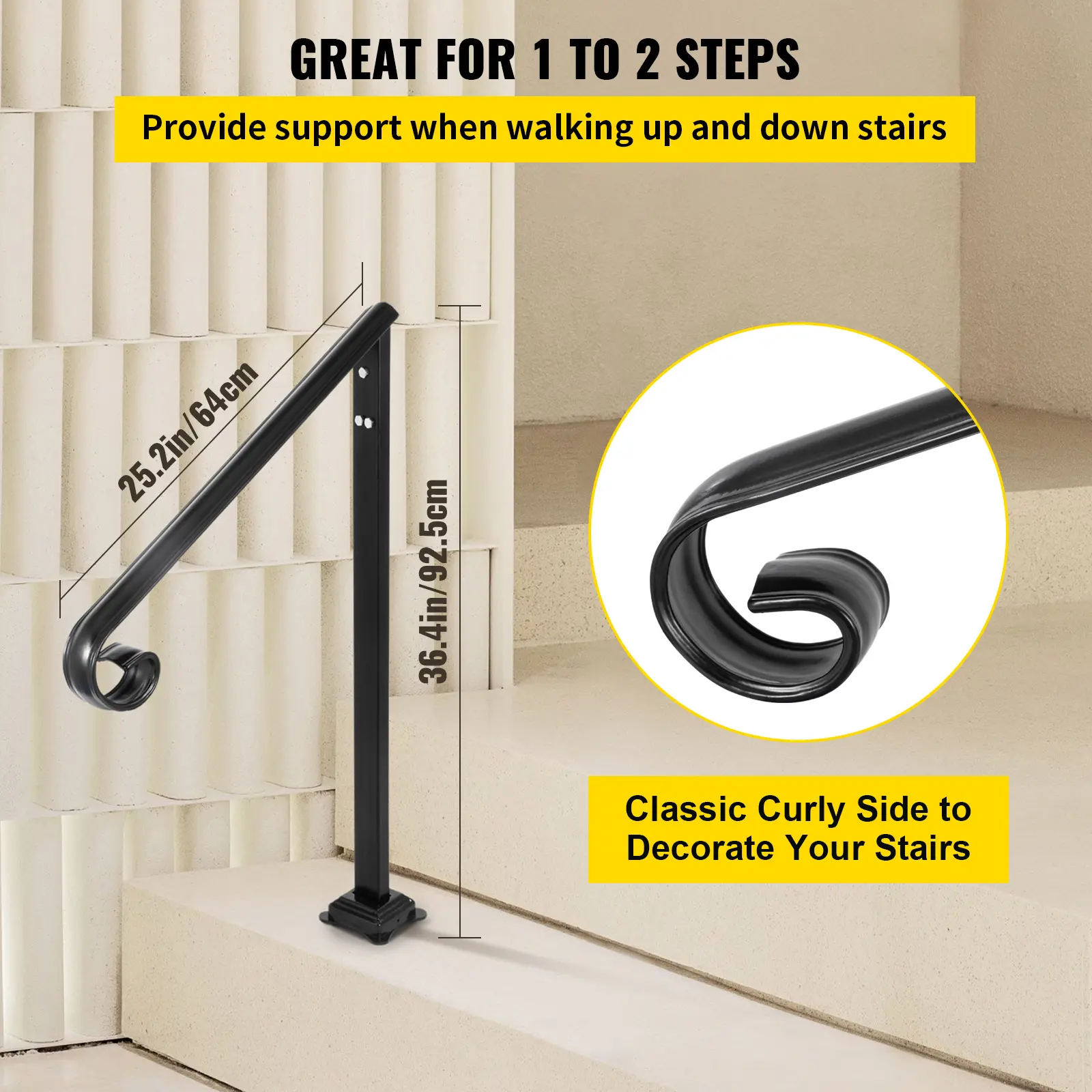 SucceBuy Iron Handrails For Outdoor Steps 1/2/3Step Railings Pipe Handrail Stair Railings For Steps Black Iron Railings Garden