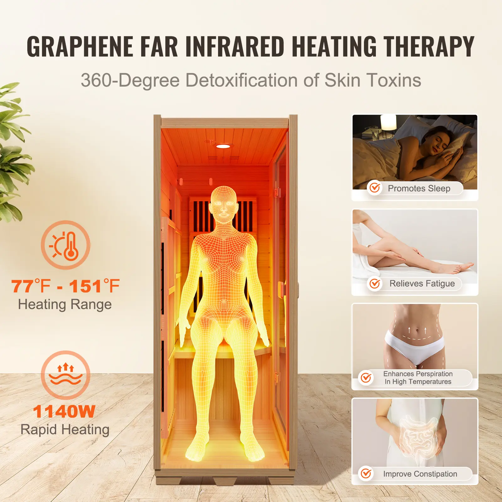 SucceBuy Far Infrared Wooden Sauna  Room Home Sauna Spa for One Single Person  Low EMF Far Infrared Hemlock Wood  1140W Indoor