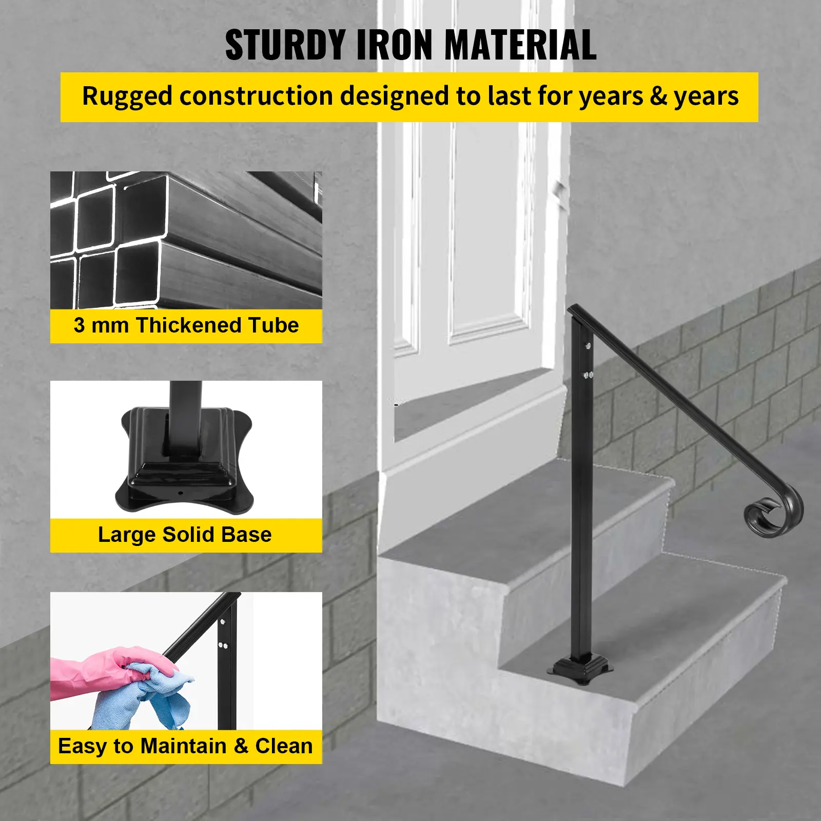 SucceBuy Iron Handrails For Outdoor Steps 1/2/3Step Railings Pipe Handrail Stair Railings For Steps Black Iron Railings Garden