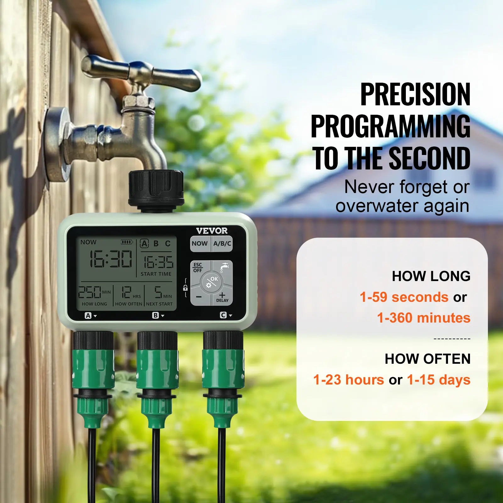 VEVOR Water Timer 3 Outlets Hose 3 Independent Watering Zone LCD Display Rain Delay Mode Manual Mode, Watering Sprinkler Timer