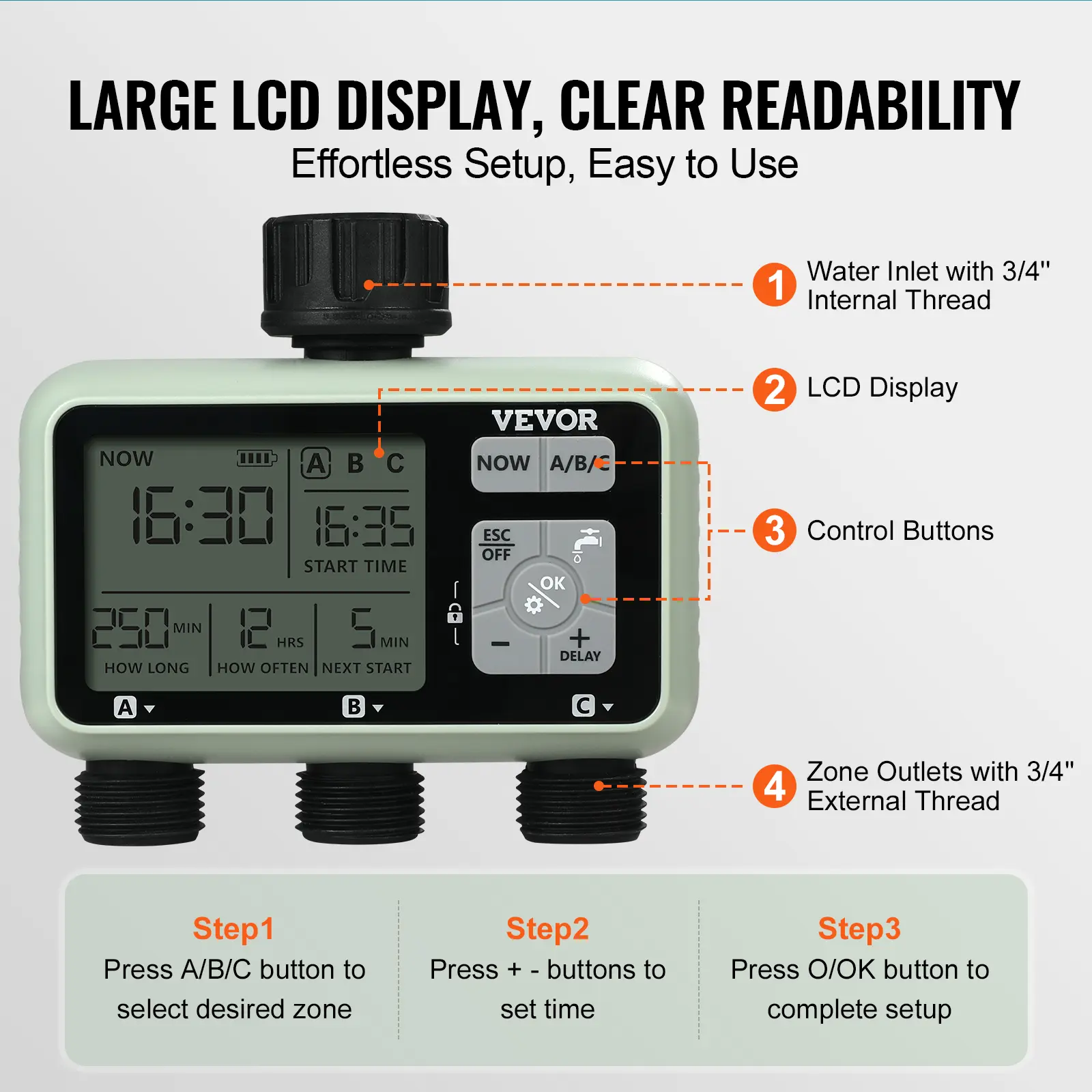 VEVOR Water Timer 3 Outlets Hose 3 Independent Watering Zone LCD Display Rain Delay Mode Manual Mode, Watering Sprinkler Timer