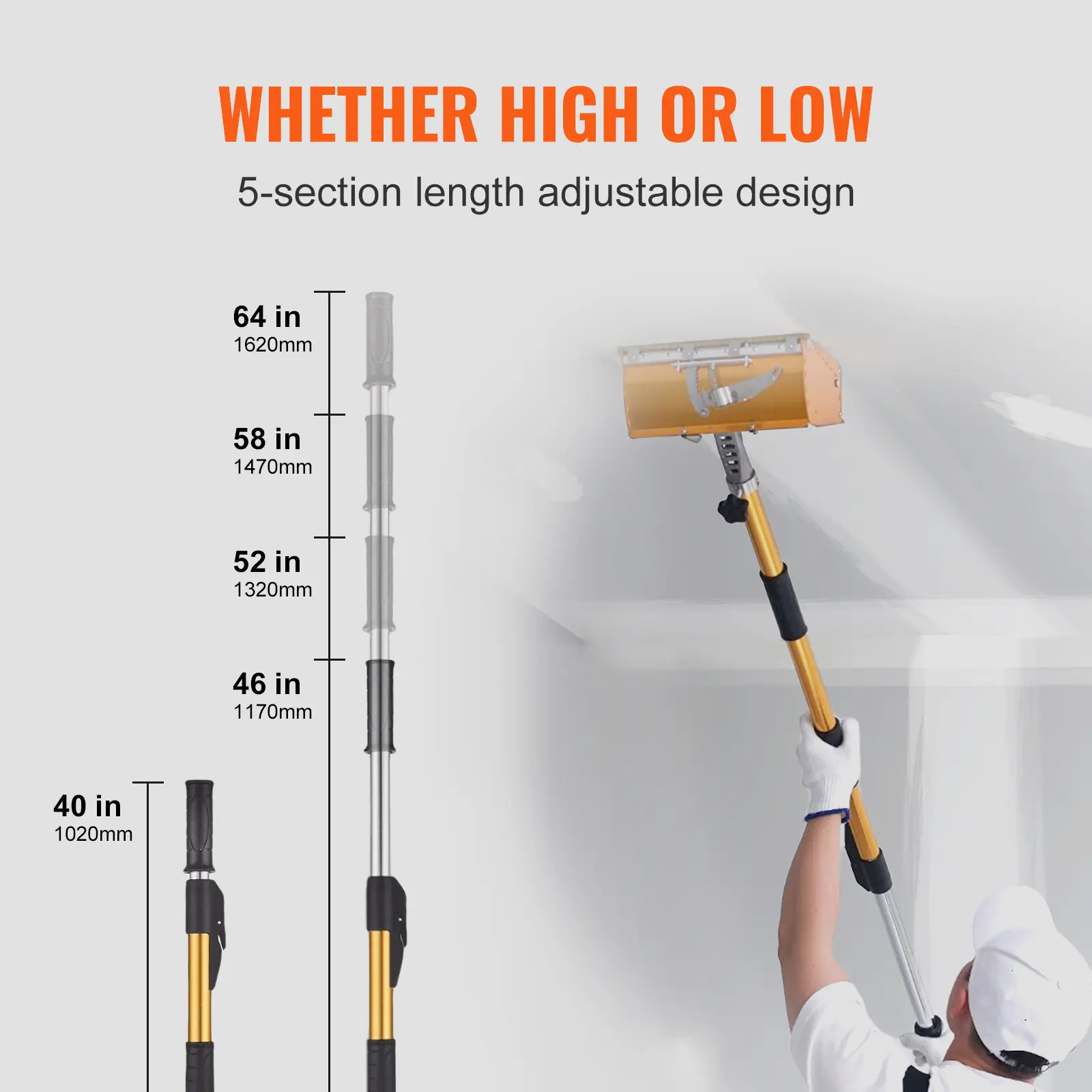 SucceBuy Drywall Flat Box Handle 40''-64'' Anodized Aluminum 5-Section Length Adjustable Non-Slip Grip for Plasterboard