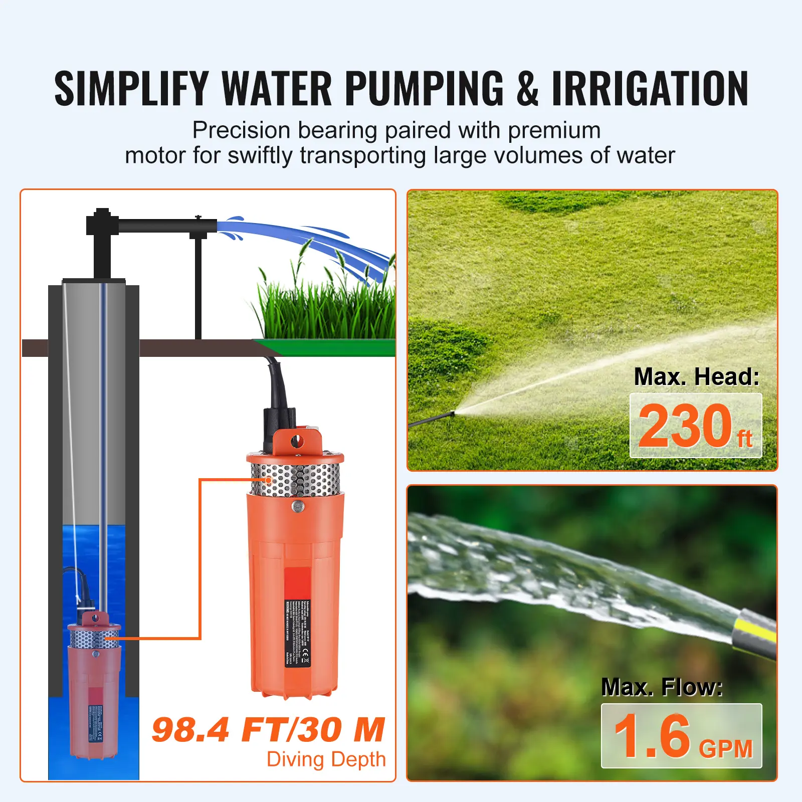 SucceBuy Solar Water Pump 1.6/3.2 GPM 12V-14.8V / 9.25 GPM 24V-42V / 8.4 GPM 48V-82V Submersible Deep Well Pump Irrigation Use