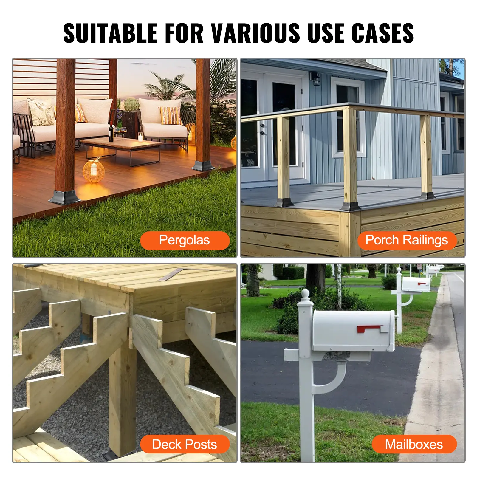 SucceBuy 4x4 Post Base Internal 3.6"x3.6" Heavy Duty Powder-Coated Steel Post Bracket for Deck Porch Handrail Railing Support