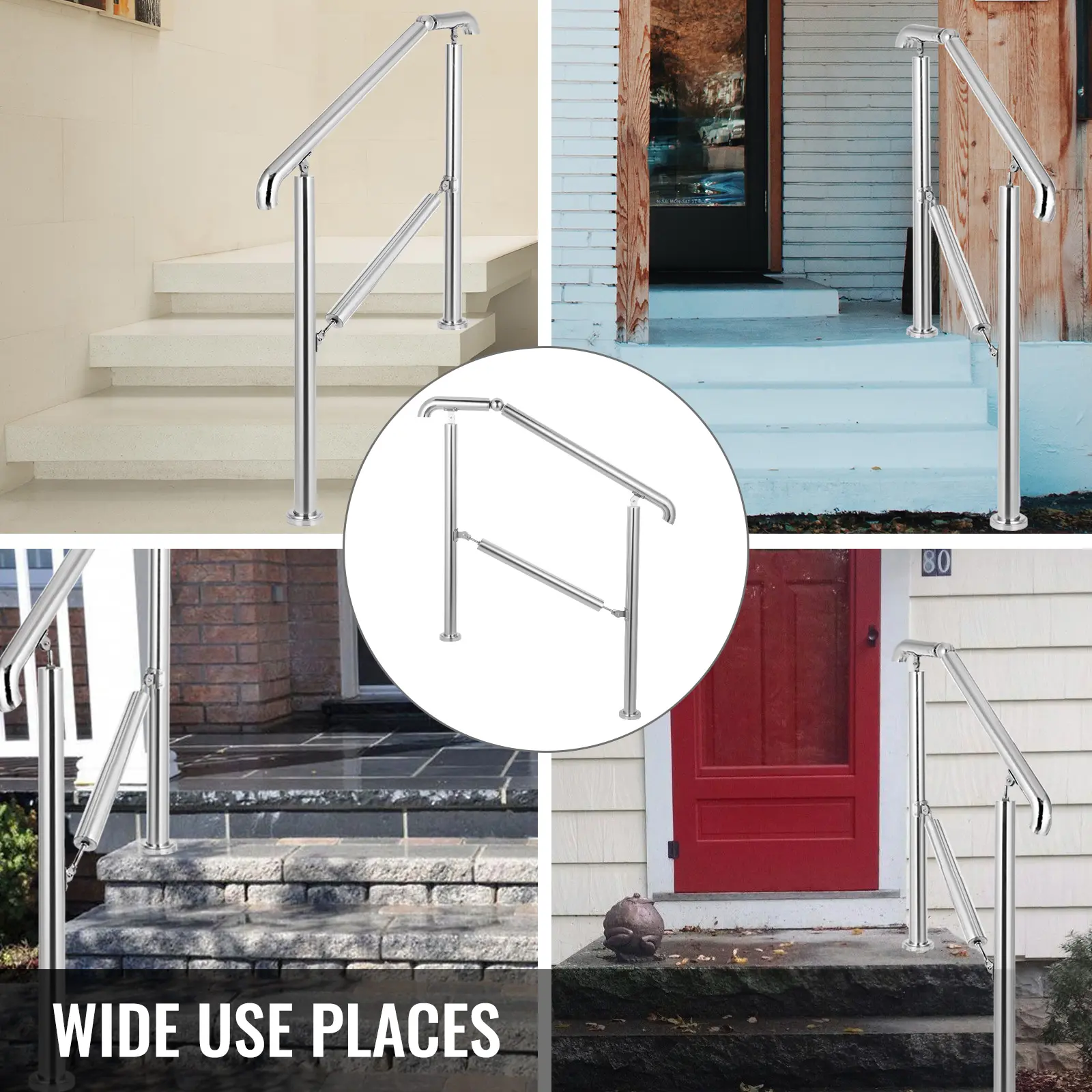 SucceBuy 3-5 Step Railing Stainless Steel Transitional Handrail Fit For Level Surface Adjustable Stair Railing Safely Downstairs
