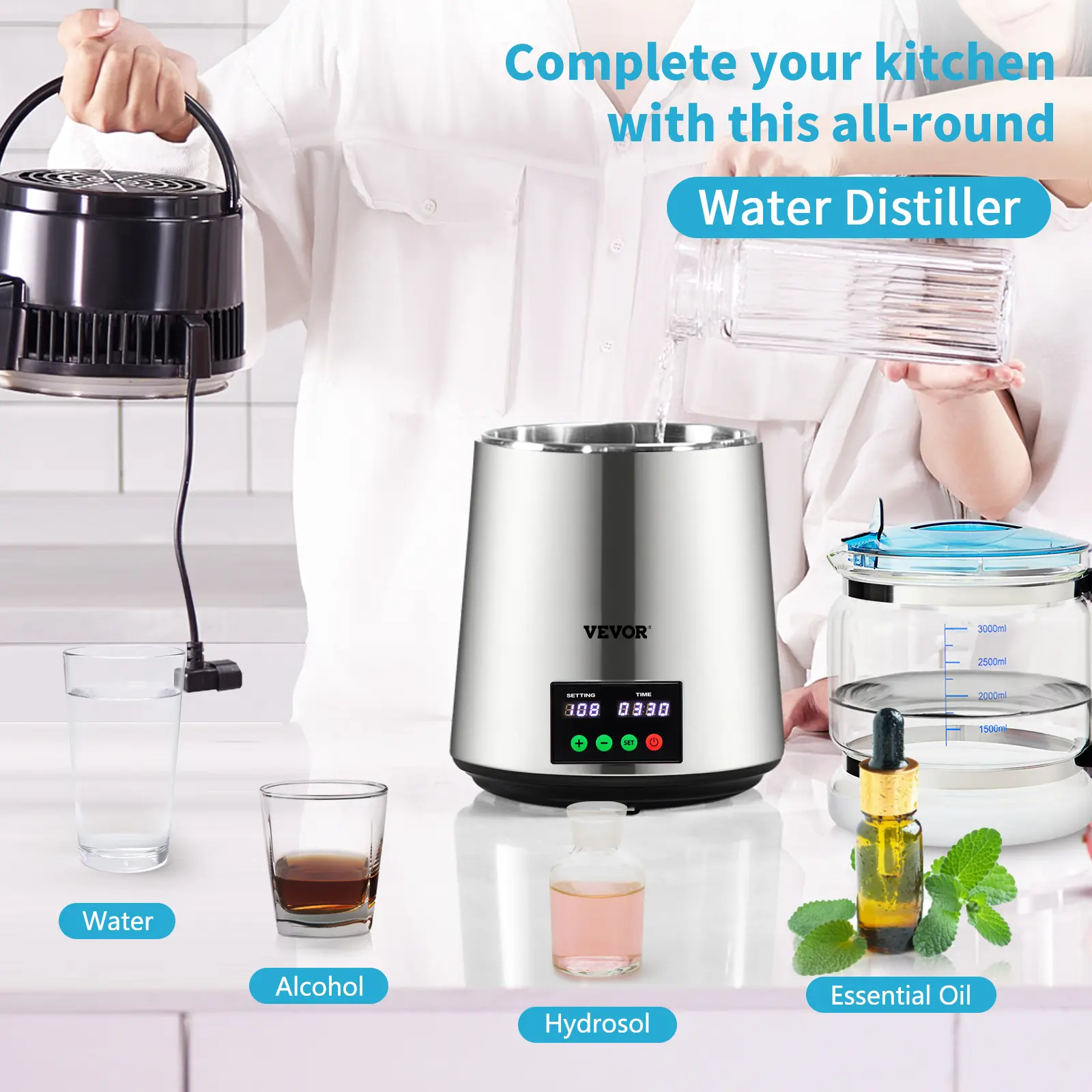 SucceBuy 1.1 Gal Water Distiller 0.3 Gal/H 750W Distilled Water Maker Machine 0-99H Timing Set Temp Display 304 Stainless Steel