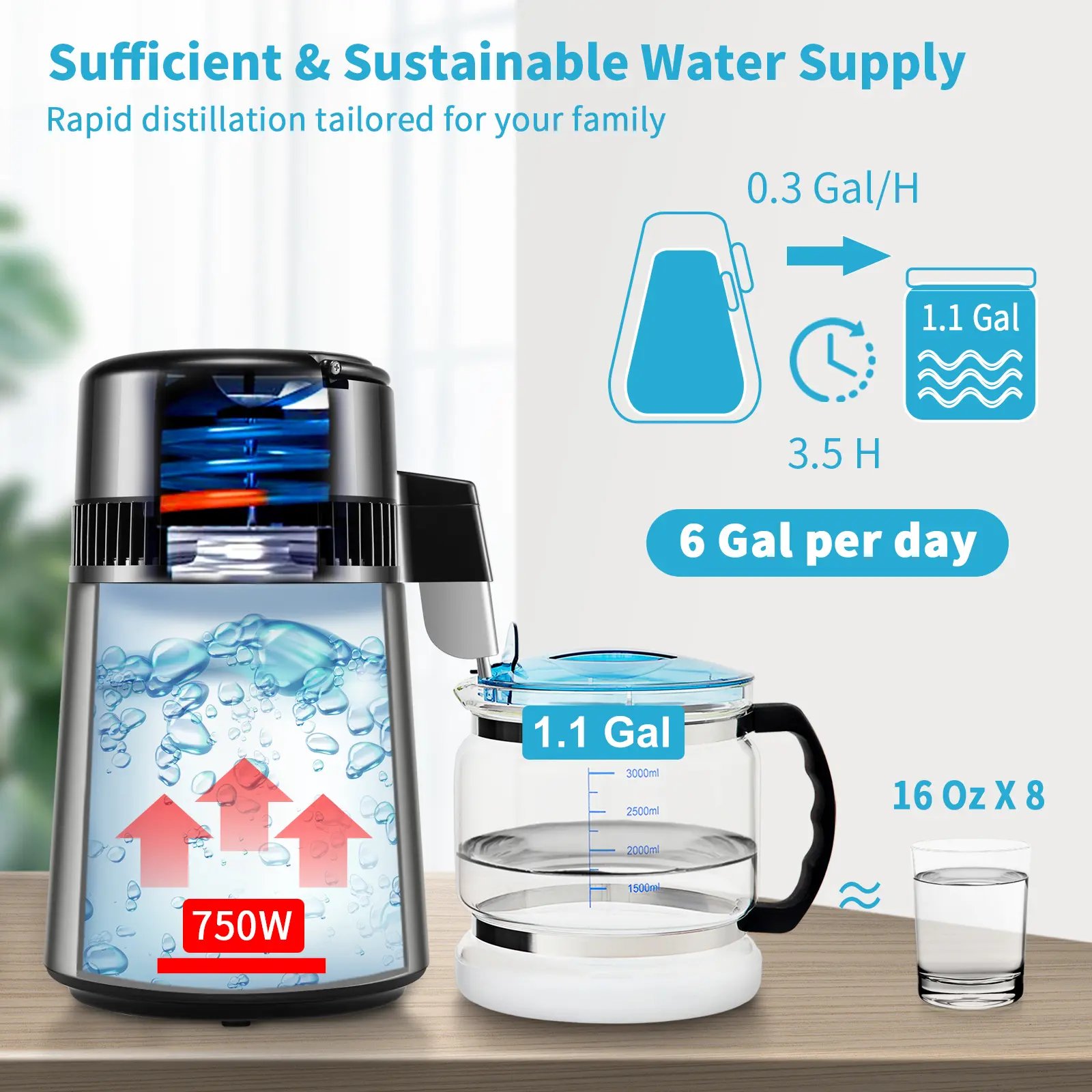 SucceBuy 1.1 Gal Water Distiller 0.3 Gal/H 750W Distilled Water Maker Machine 0-99H Timing Set Temp Display 304 Stainless Steel