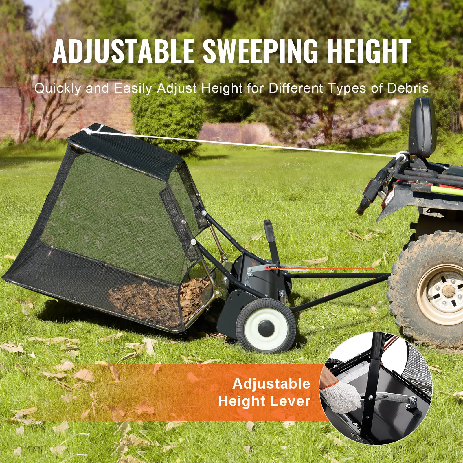 SucceBuy 52-inch Lawn Sweeper Tow Behind 26cu.ft. Large Pull Behind Heavy Duty Leaf Grass Collector for Picking Up Debris Grass