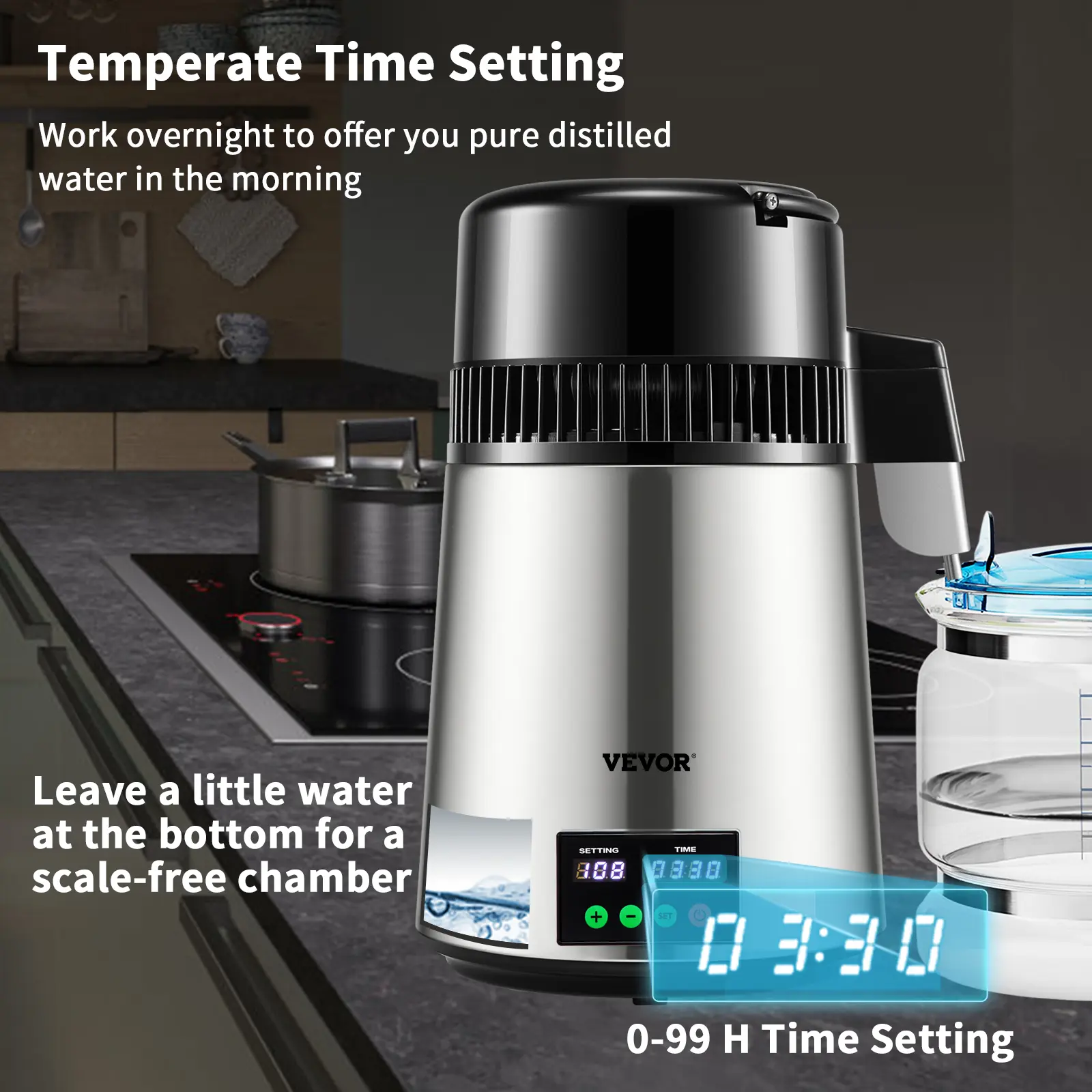 SucceBuy 1.1 Gal Water Distiller 0.3 Gal/H 750W Distilled Water Maker Machine 0-99H Timing Set Temp Display 304 Stainless Steel