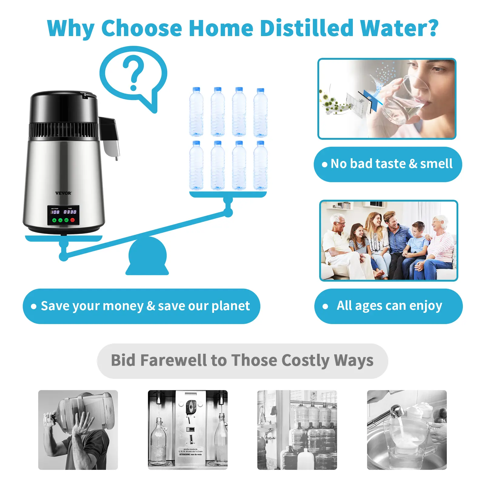 SucceBuy 1.1 Gal Water Distiller 0.3 Gal/H 750W Distilled Water Maker Machine 0-99H Timing Set Temp Display 304 Stainless Steel