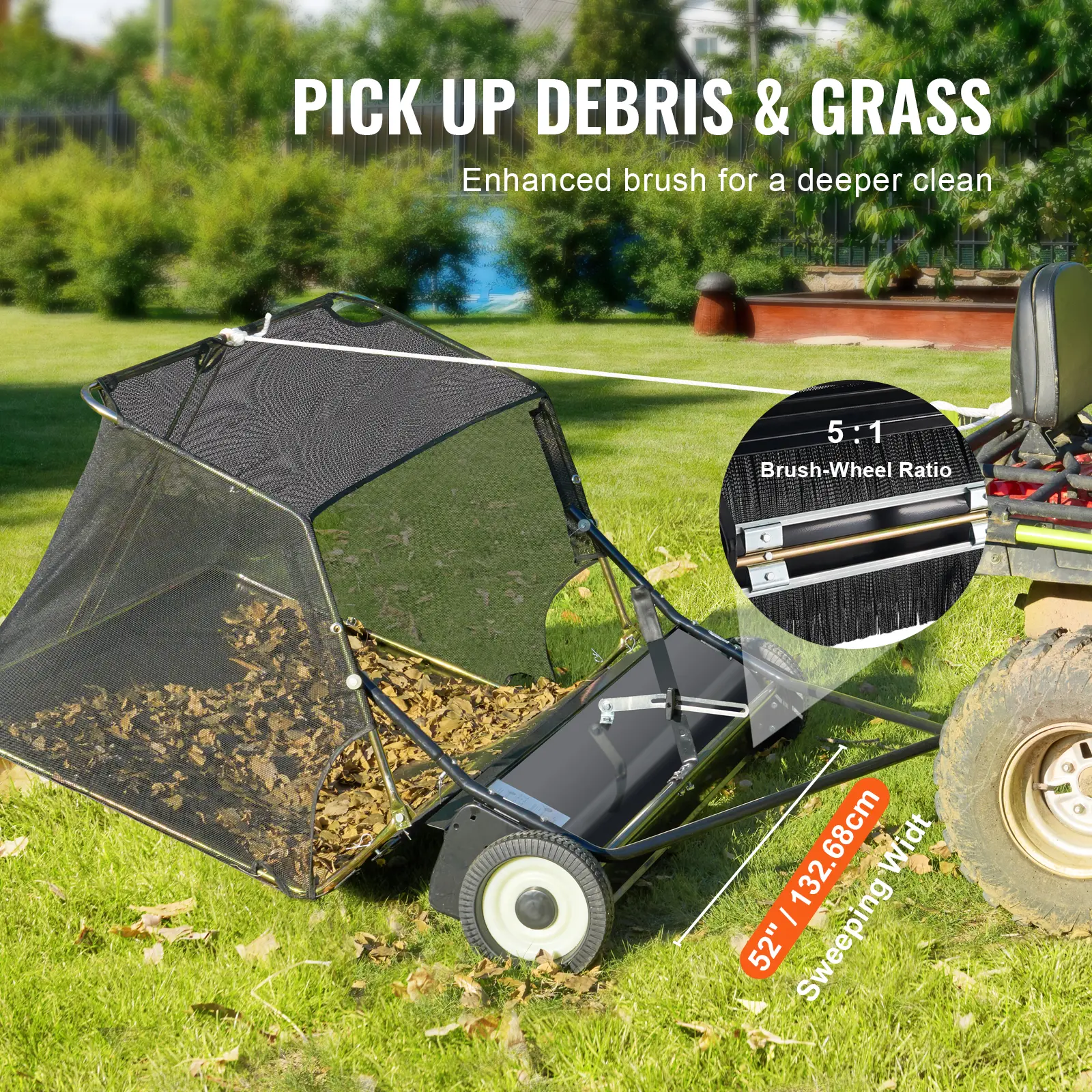 SucceBuy 52-inch Lawn Sweeper Tow Behind 26cu.ft. Large Pull Behind Heavy Duty Leaf Grass Collector for Picking Up Debris Grass