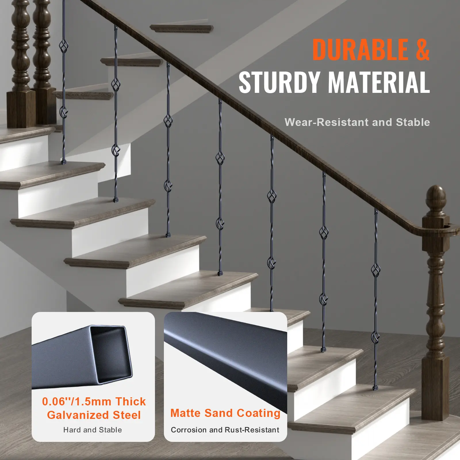 SucceBuy Staircase Metal Balusters Galvanized Decorative Banister Spindles with Hollow Baskets Spiral Stair with Shoes Screws