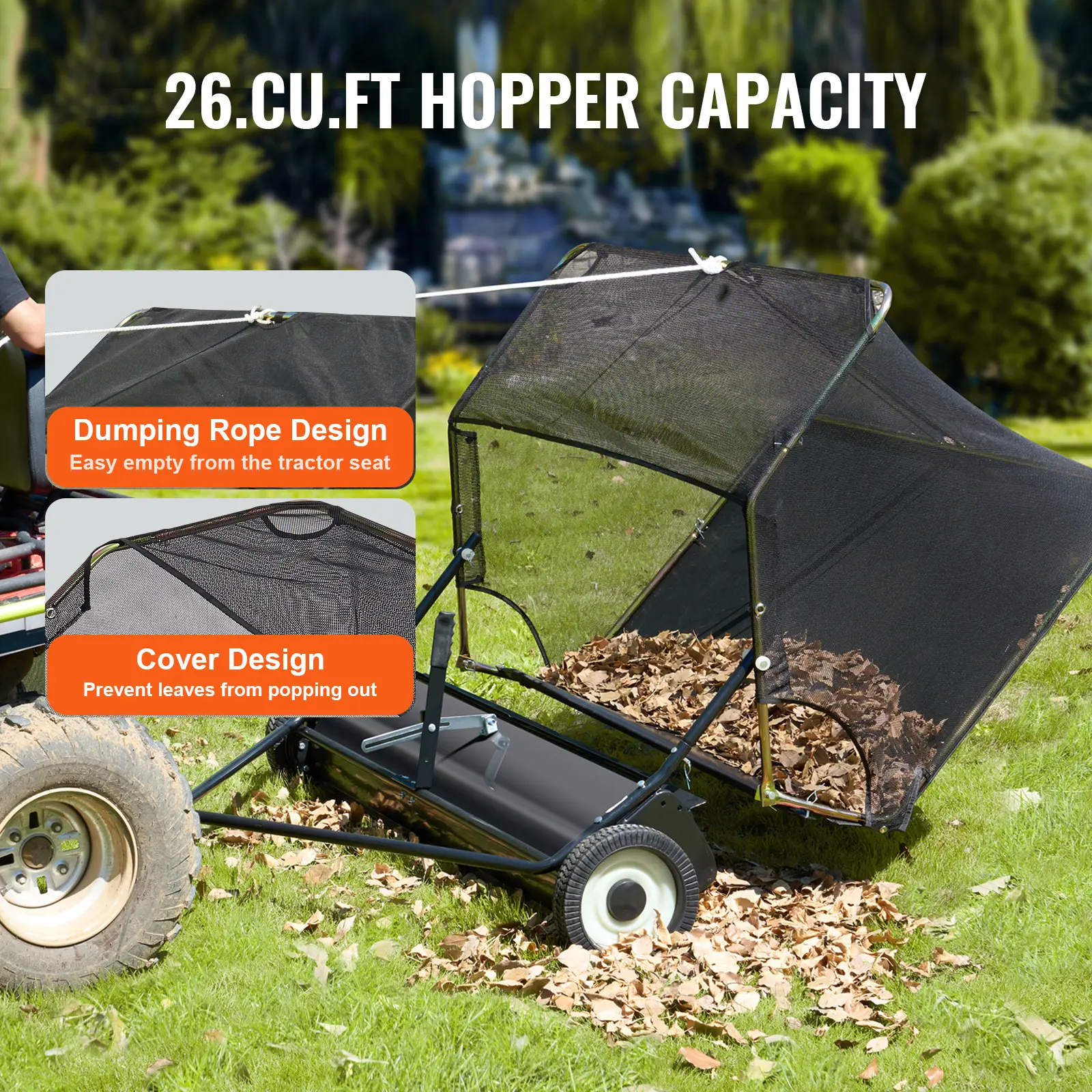 SucceBuy 52-inch Lawn Sweeper Tow Behind 26cu.ft. Large Pull Behind Heavy Duty Leaf Grass Collector for Picking Up Debris Grass