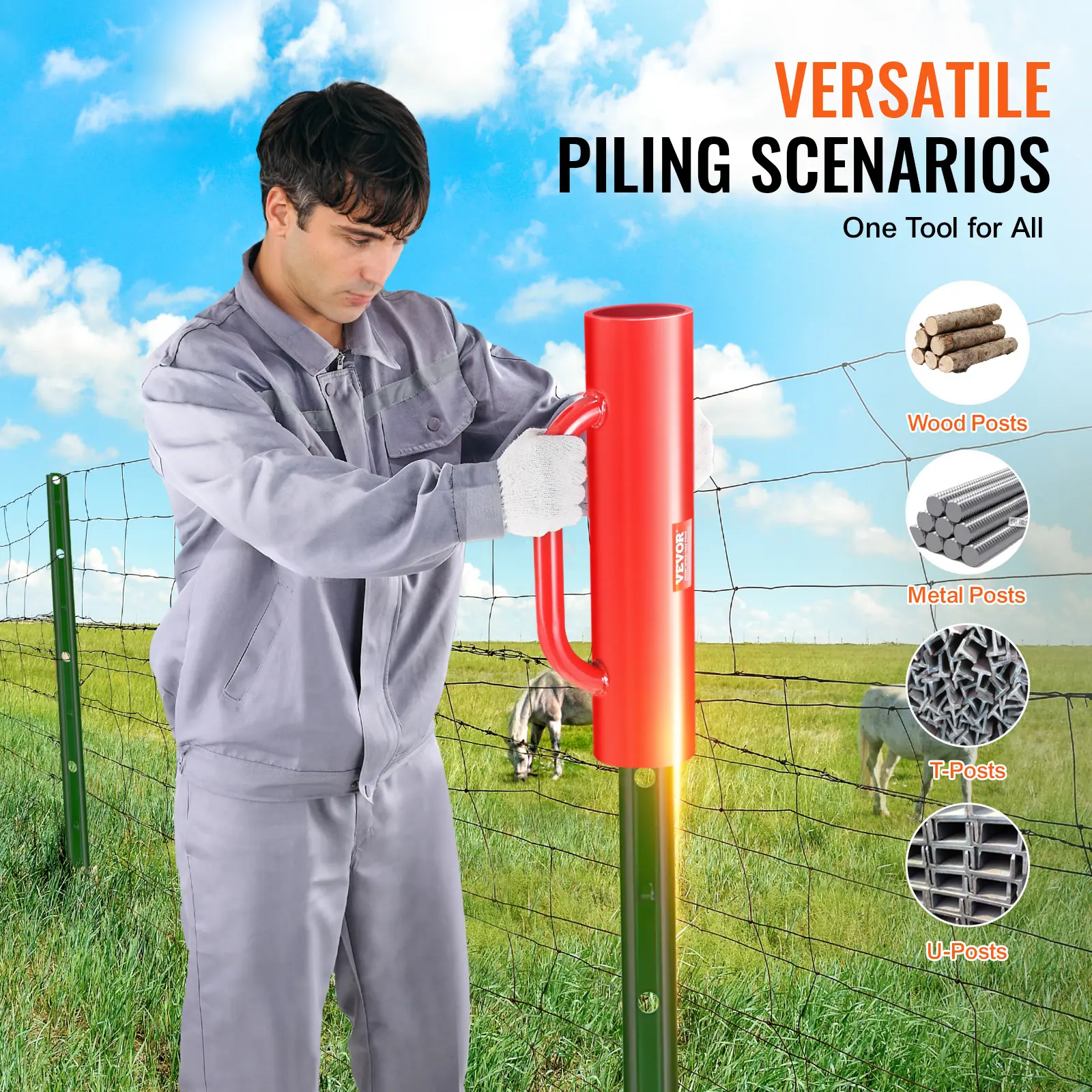 SucceBuy Fence Post Driver with Handle Pole Pounder Heavy Duty Carbon Steel Hand Post Rammer Fencing Hole Digger for Channel