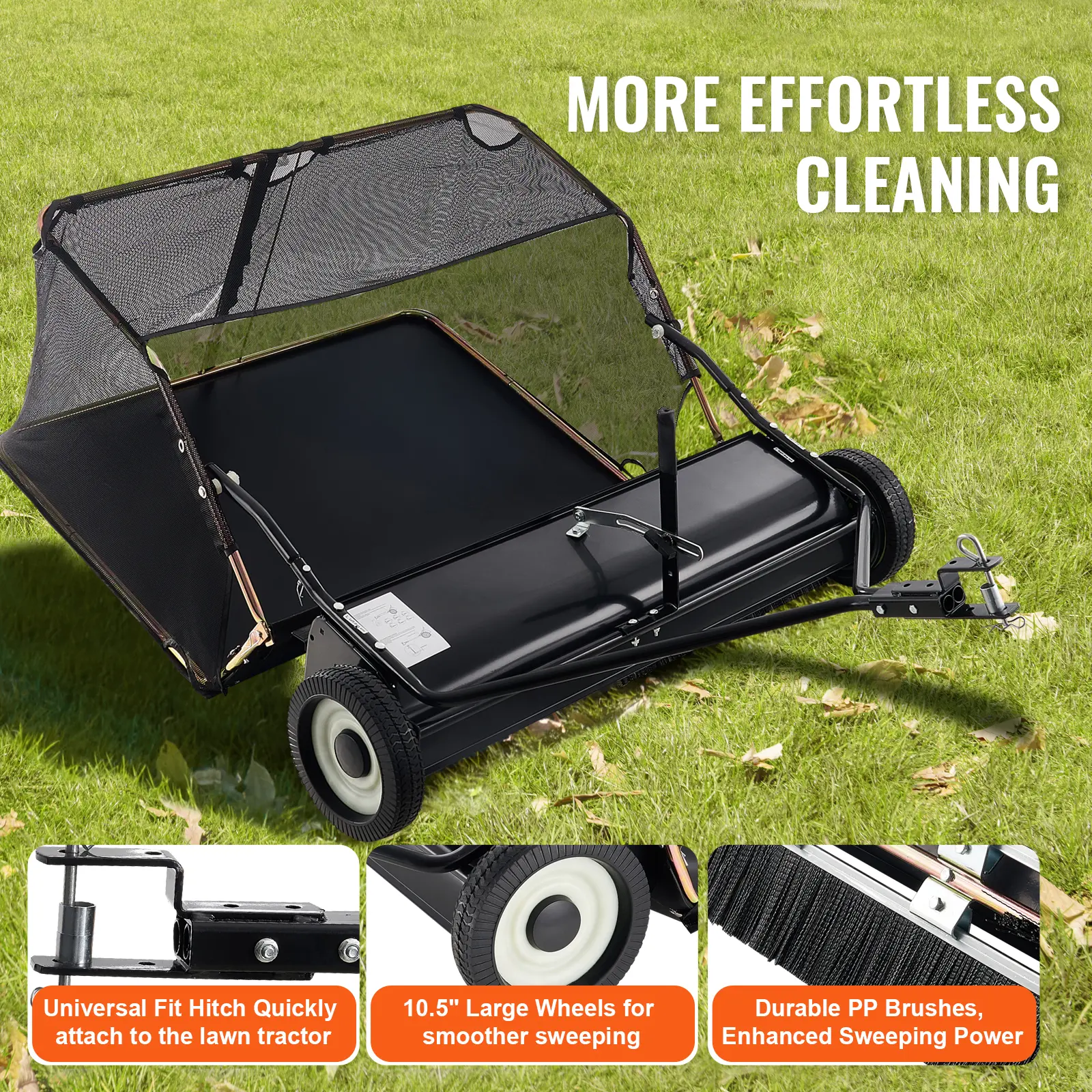 SucceBuy 52-inch Lawn Sweeper Tow Behind 26cu.ft. Large Pull Behind Heavy Duty Leaf Grass Collector for Picking Up Debris Grass