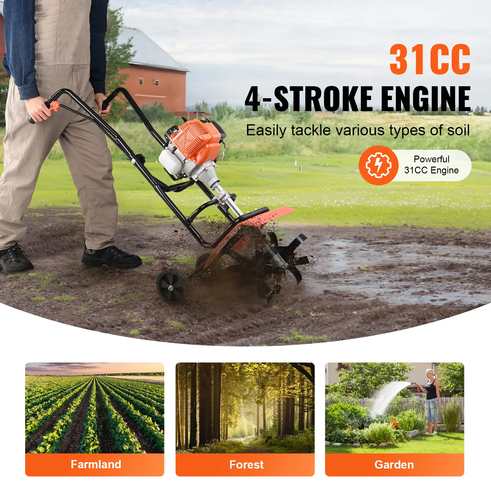 SucceBuy Tiller Cultivator 31CC 4-Stroke Garden Cultivator 4 Steel Adjustable Front Tines for Lawn Garden and Field Cultivation