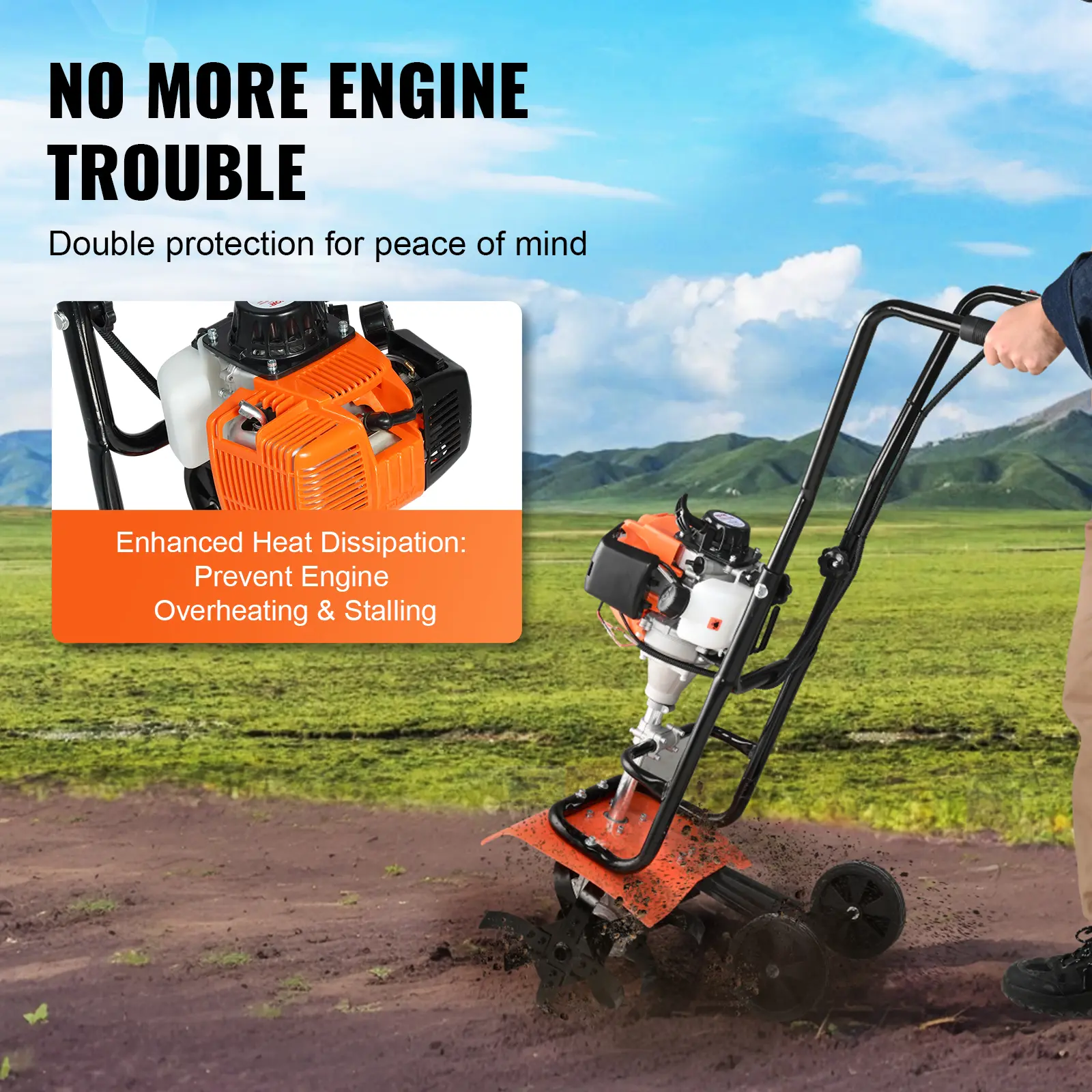 SucceBuy Tiller Cultivator 31CC 4-Stroke Garden Cultivator 4 Steel Adjustable Front Tines for Lawn Garden and Field Cultivation