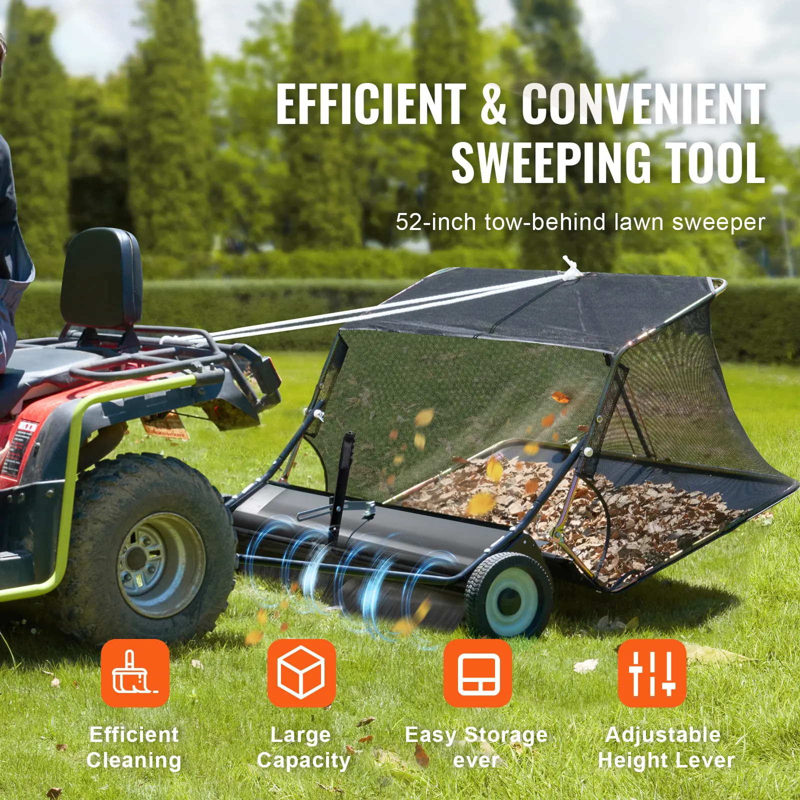 SucceBuy 52-inch Lawn Sweeper Tow Behind 26cu.ft. Large Pull Behind Heavy Duty Leaf Grass Collector for Picking Up Debris Grass