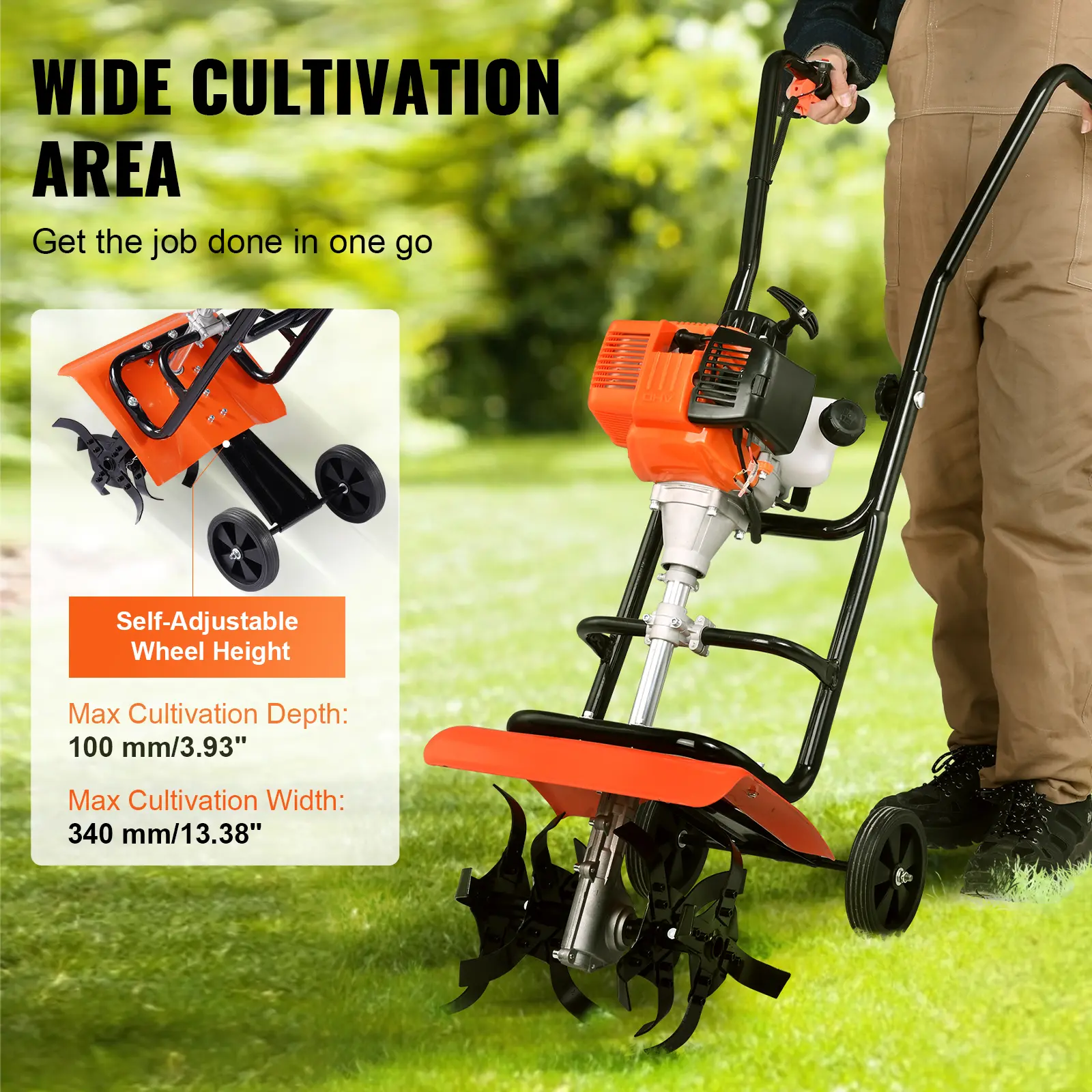 SucceBuy Tiller Cultivator 31CC 4-Stroke Garden Cultivator 4 Steel Adjustable Front Tines for Lawn Garden and Field Cultivation
