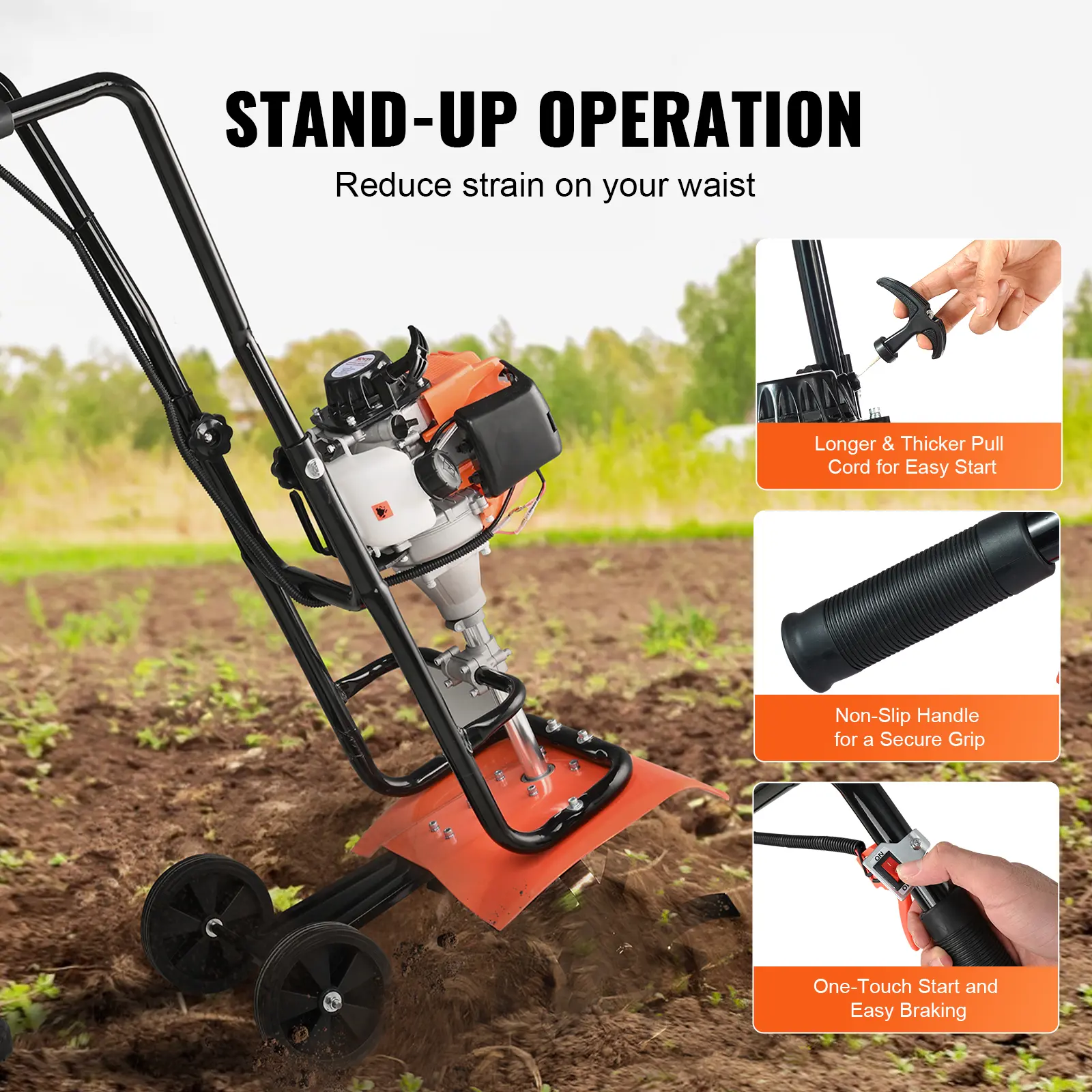 SucceBuy Tiller Cultivator 31CC 4-Stroke Garden Cultivator 4 Steel Adjustable Front Tines for Lawn Garden and Field Cultivation