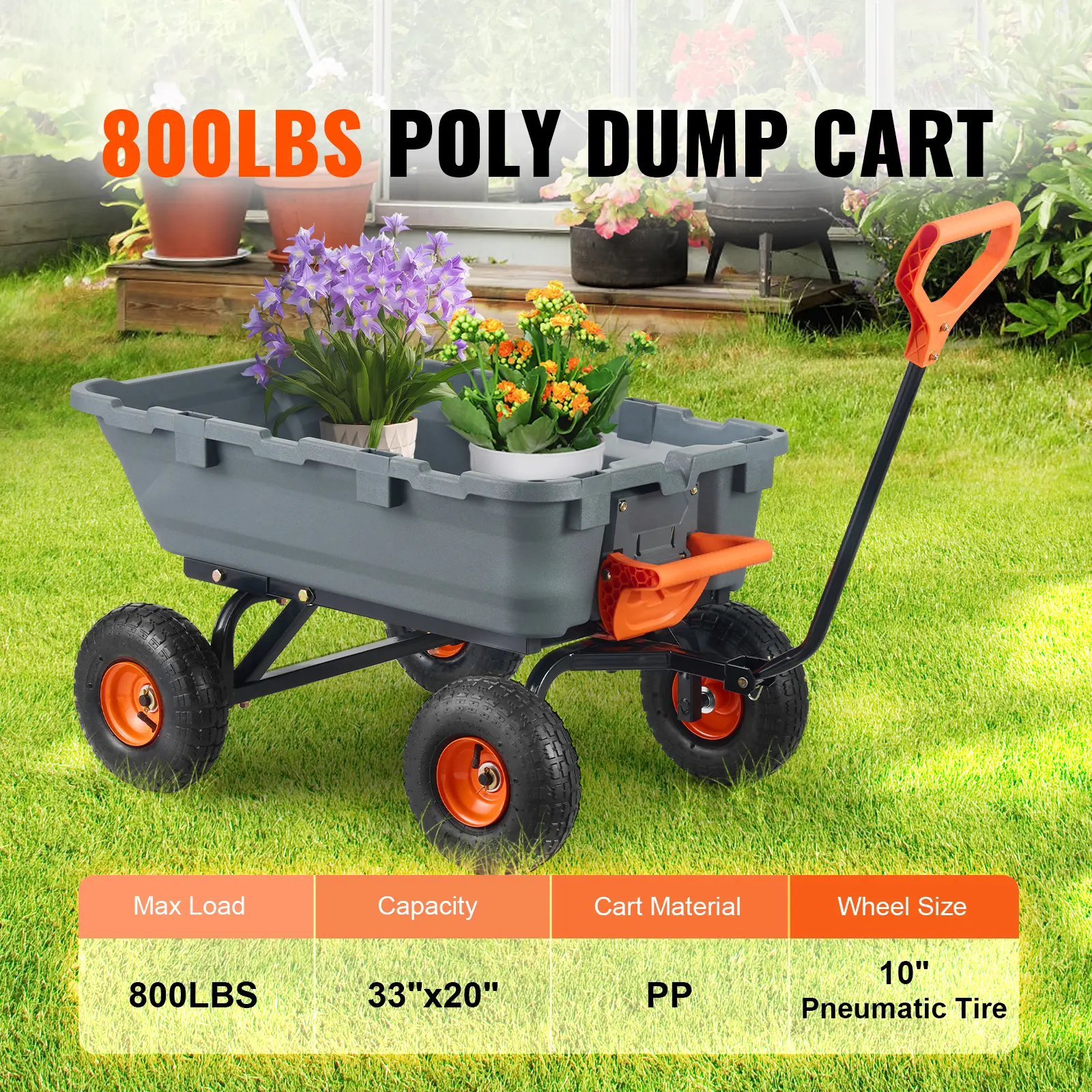 SucceBuy Garden Cart Durable Poly Dump Cart with Simple Assembly Steel Structure Versatile Dump Wagon with Dual-Function Handle