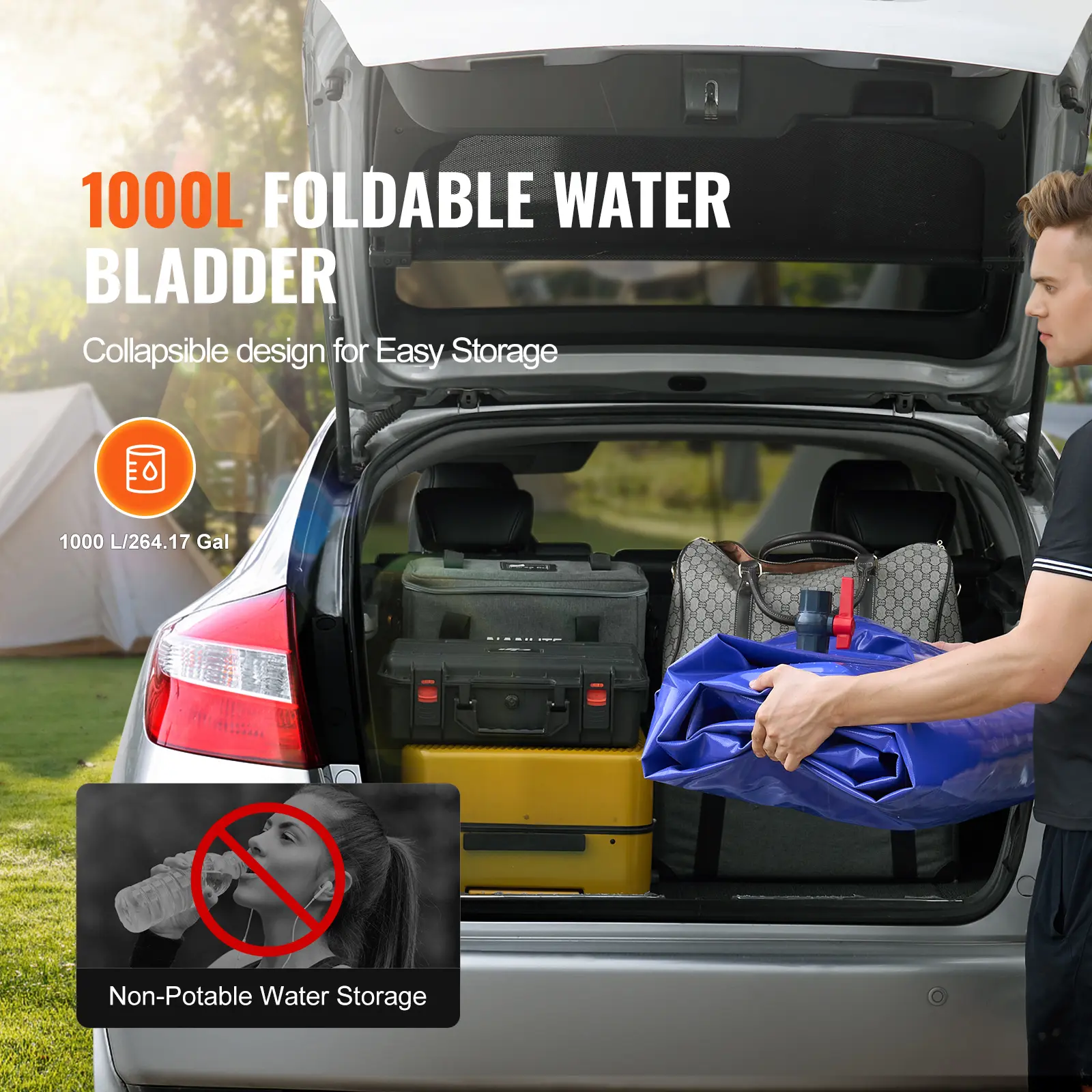 SucceBuy 1000L/264 Gallon Water Storage Bladder RV Water Tank 1000D Blue PVC Collapsible Water Storage Containers Soft Water Bag