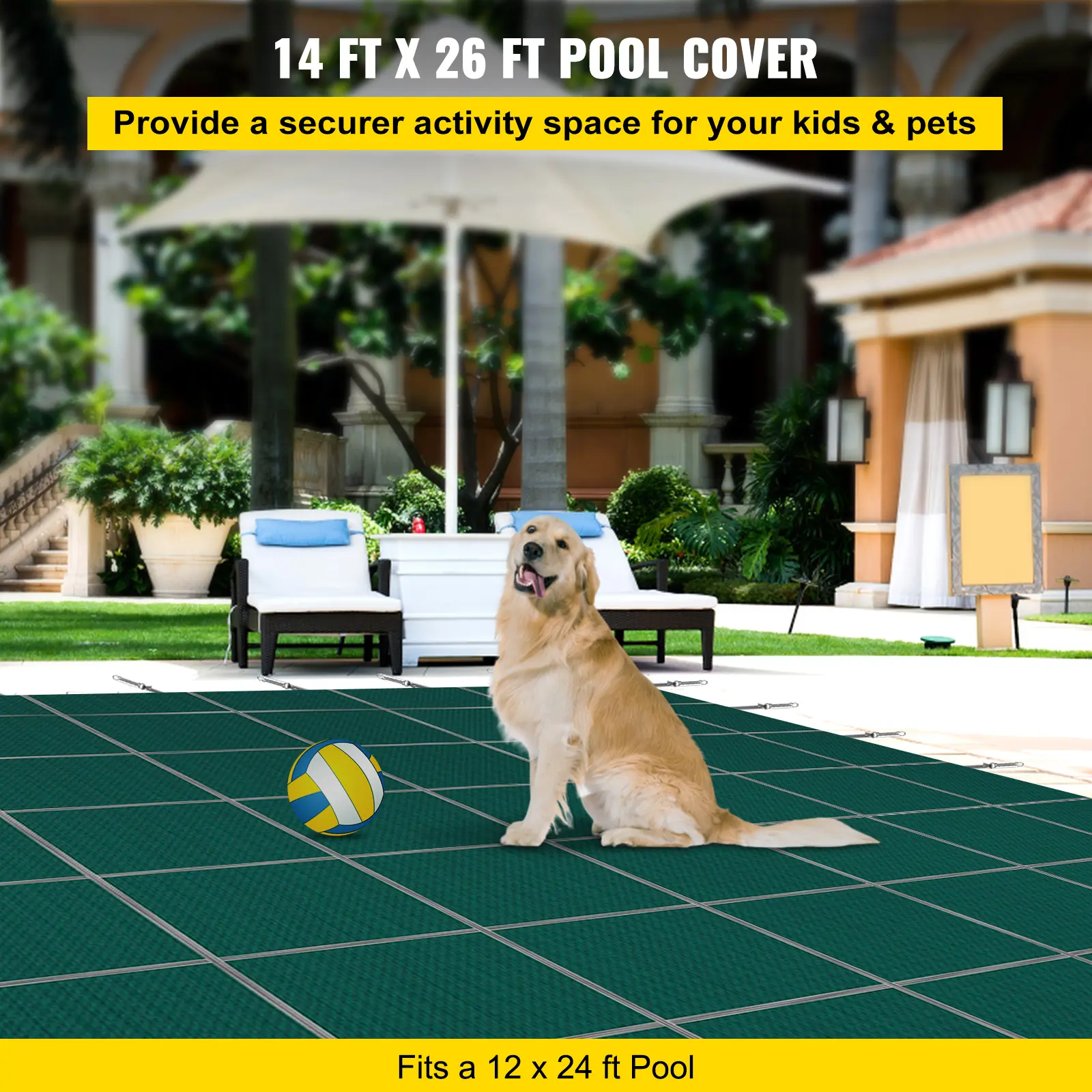 SucceBuy 12x24/18x40 ft Inground Pool Safety Cover Rectangle Winter Pool Cover Triple Stitched High Strength Mesh PP Material