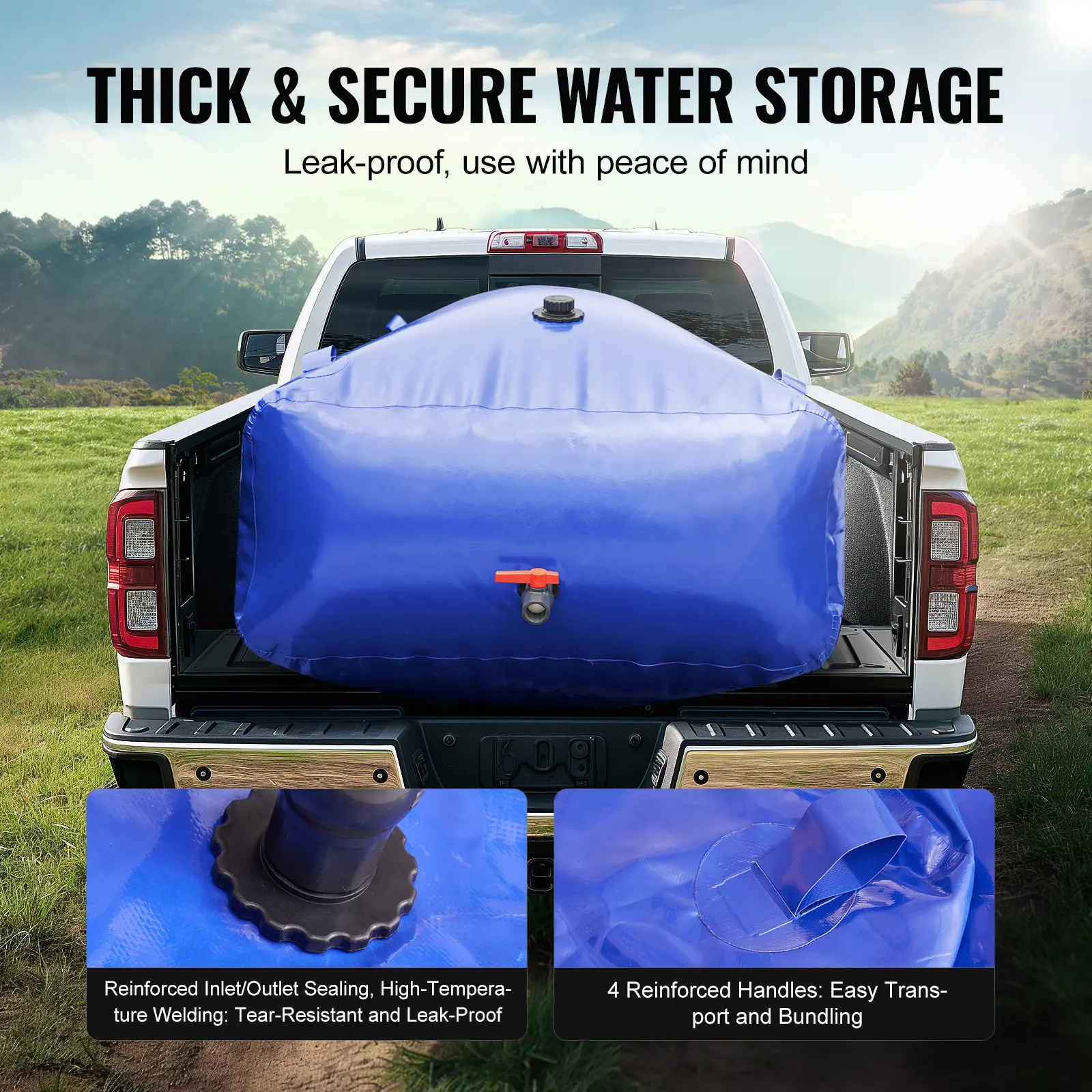SucceBuy 1000L/264 Gallon Water Storage Bladder RV Water Tank 1000D Blue PVC Collapsible Water Storage Containers Soft Water Bag