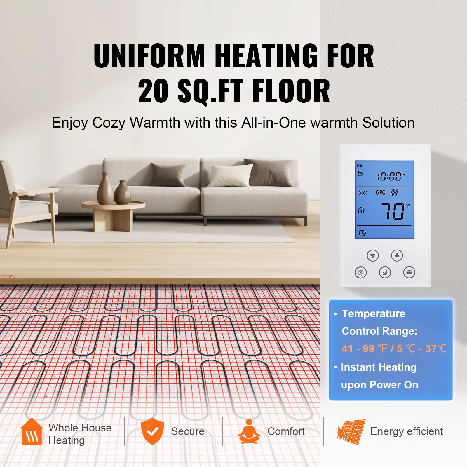 SucceBuy Floor Heating Mat 20 Sq. ft Electric Radiant In-Floor Heated Warm System Adhesive Back for Easy Installation on Floor