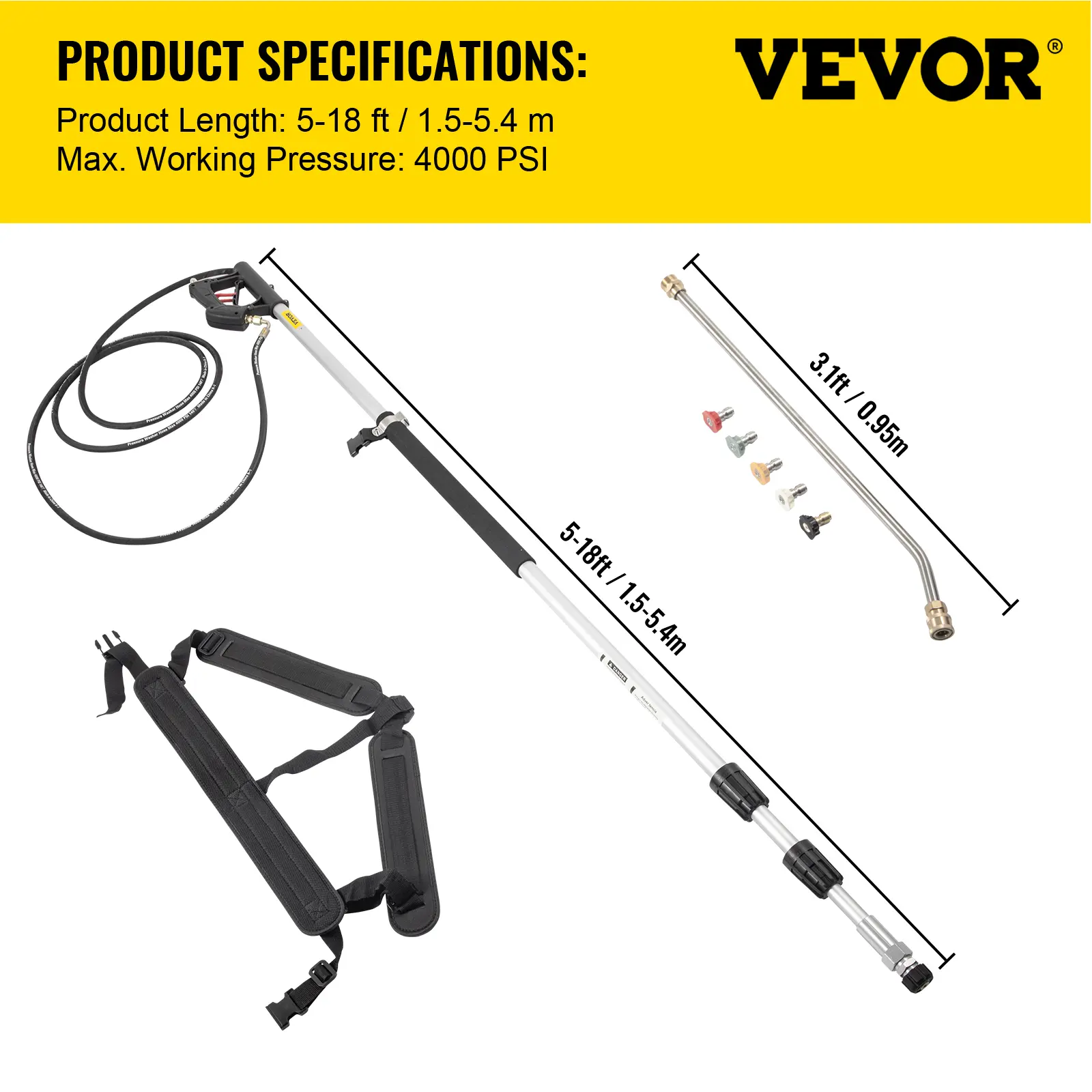 SucceBuy 18 / 20ft Telescoping Pressure Washer Wand w/Strap Belt 3/8" Quick Connector Extension Pole for Power Washer Spray