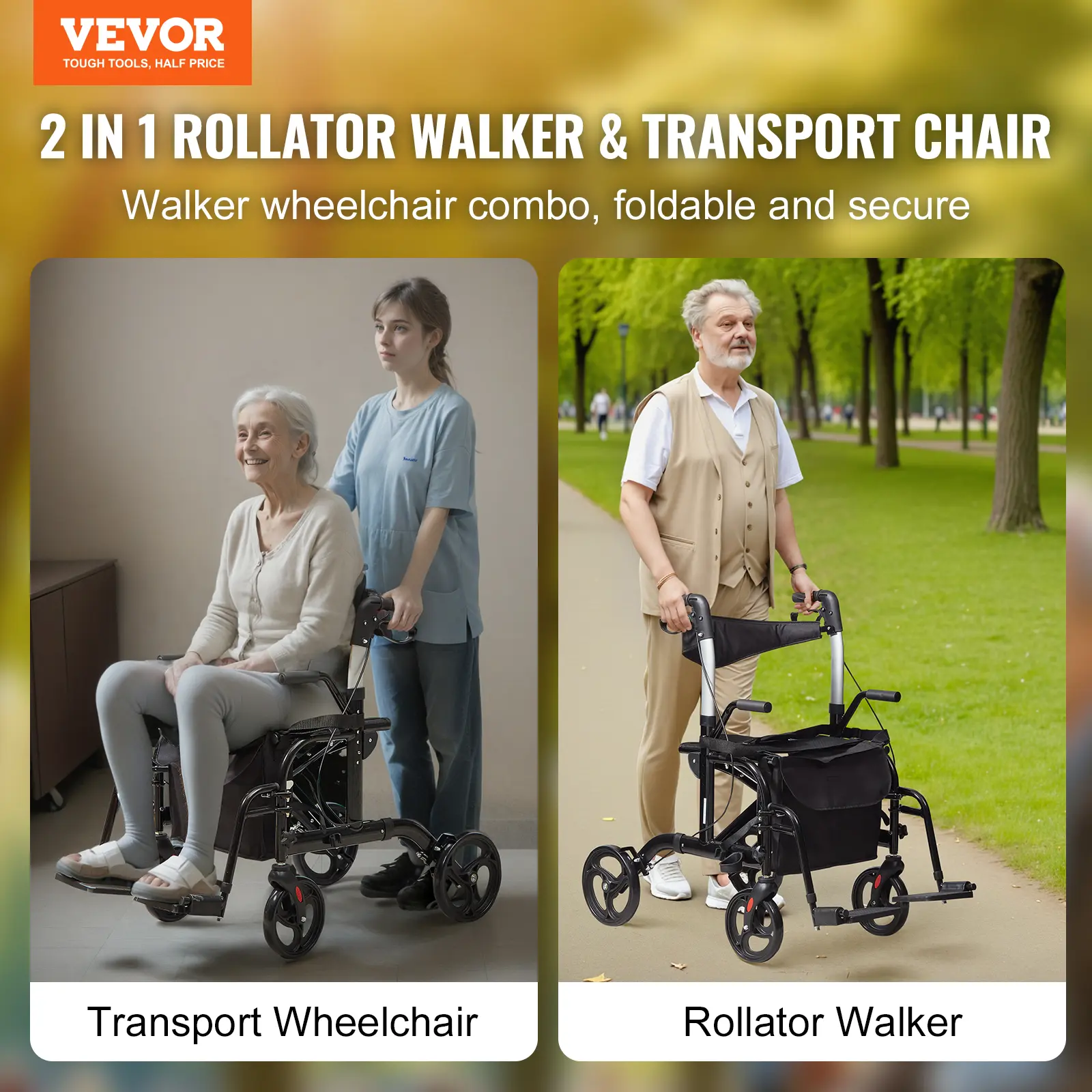 SucceBuy 2 in 1 Rollator Walker & Transport Chair for Seniors Folding Rolling Walker Wheelchair Combo & Aluminum Mobility Walker