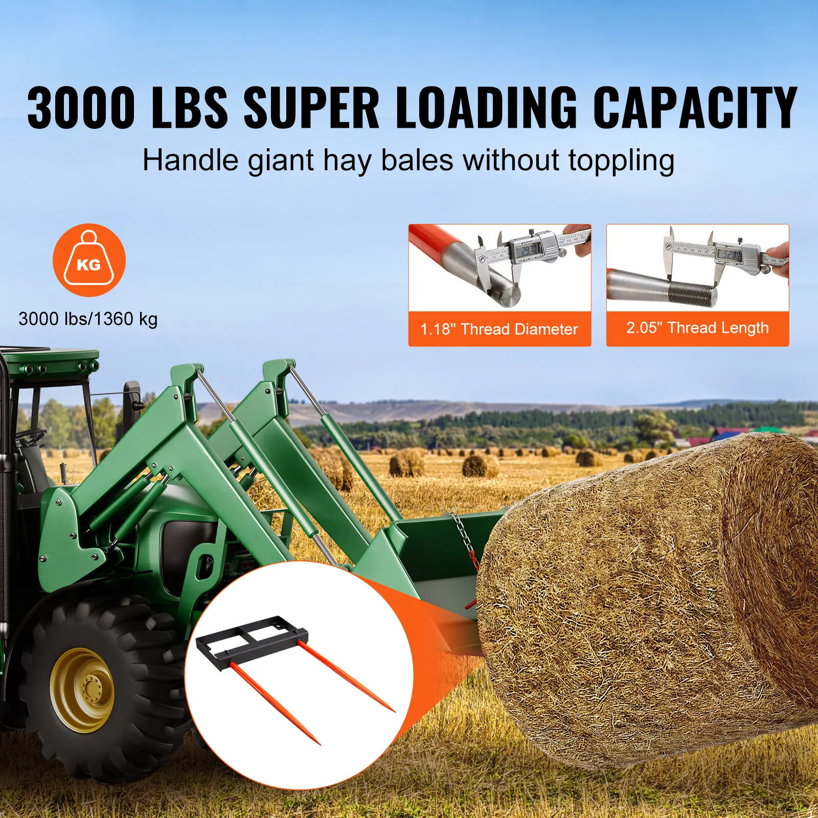 SucceBuy 49" Hay Spear Bale Spears 3000lbs Loading Capacity Skid Steer Loader Tractor Bucket Attachment with Stabilizer Spears