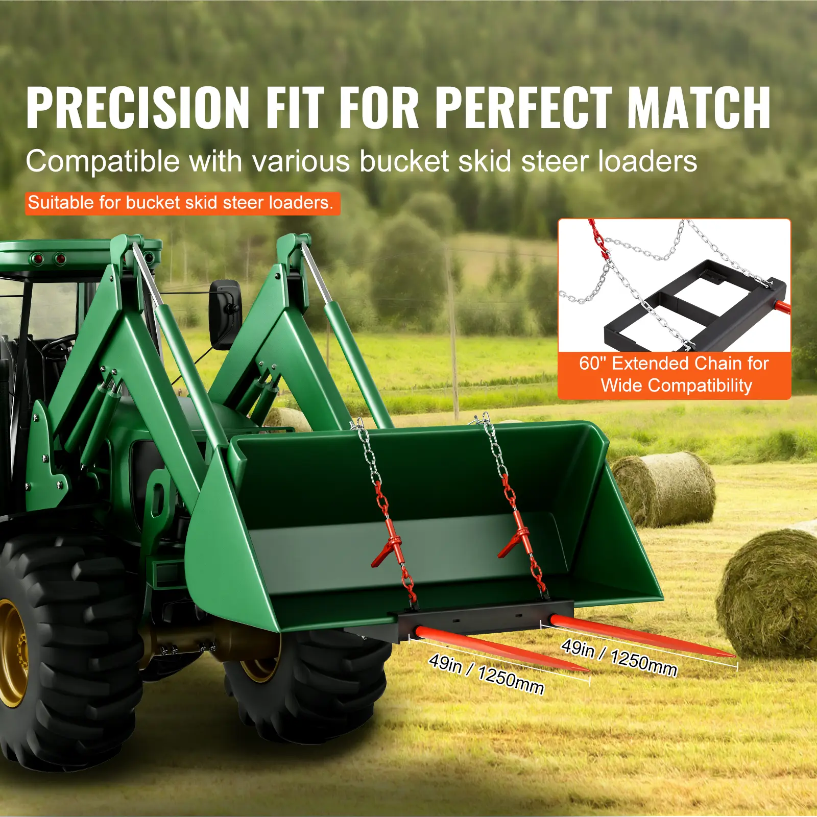 SucceBuy 49" Hay Spear Bale Spears 3000lbs Loading Capacity Skid Steer Loader Tractor Bucket Attachment with Stabilizer Spears