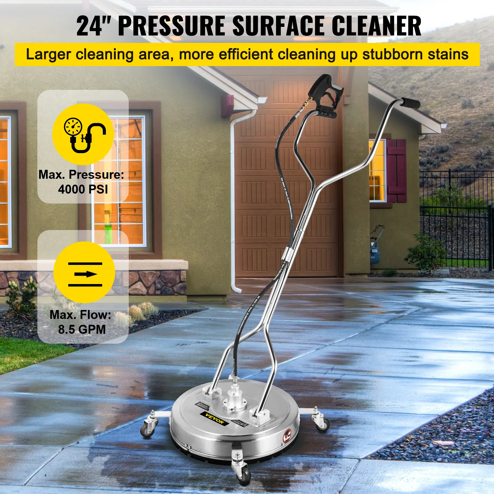 SucceBuy Pressure Washer Surface Cleaner 24\'\' Max. 4000 PSI Pressure by 2 Nozzles for Cleaning Driveways Stainless Steel Frame