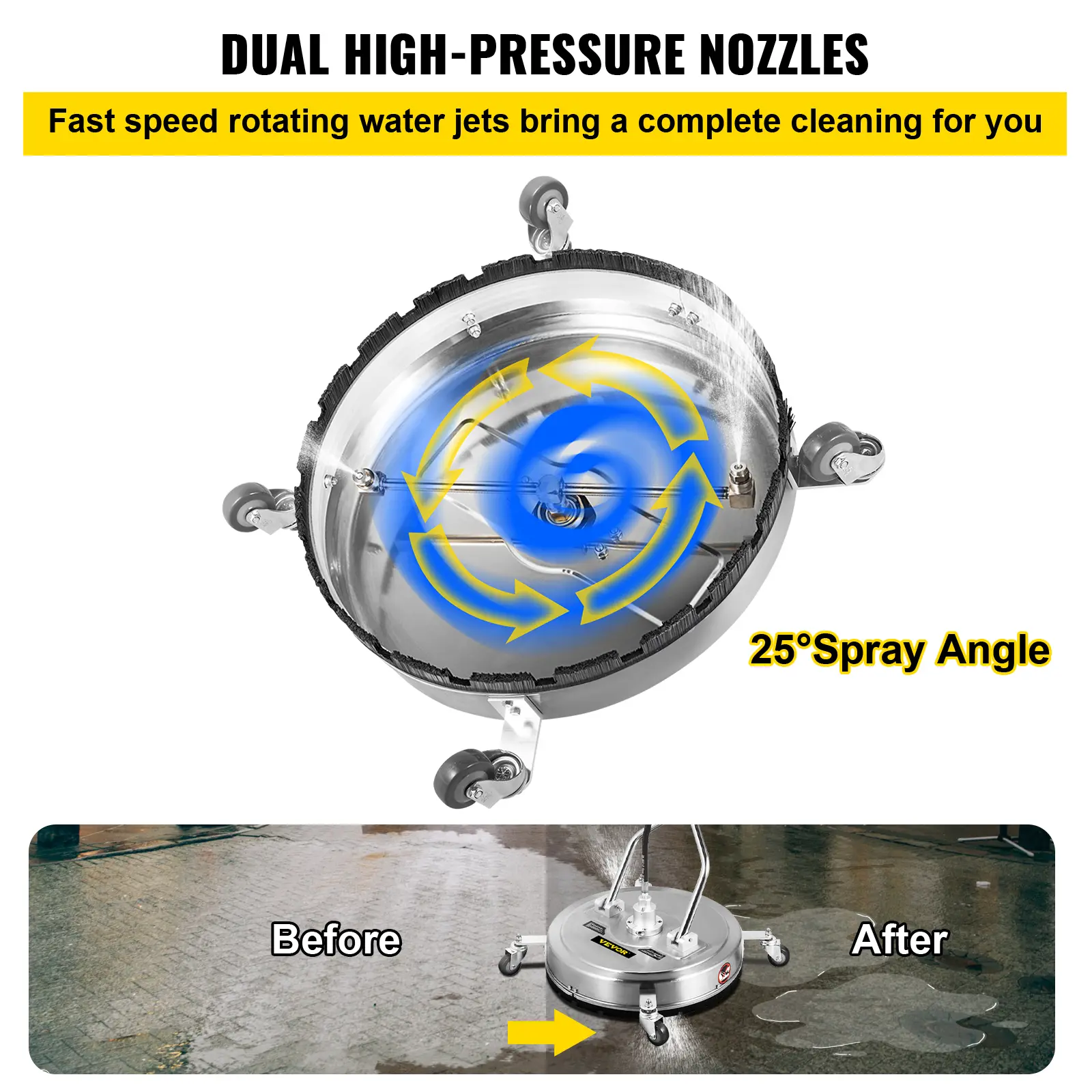 SucceBuy Pressure Washer Surface Cleaner 24\'\' Max. 4000 PSI Pressure by 2 Nozzles for Cleaning Driveways Stainless Steel Frame