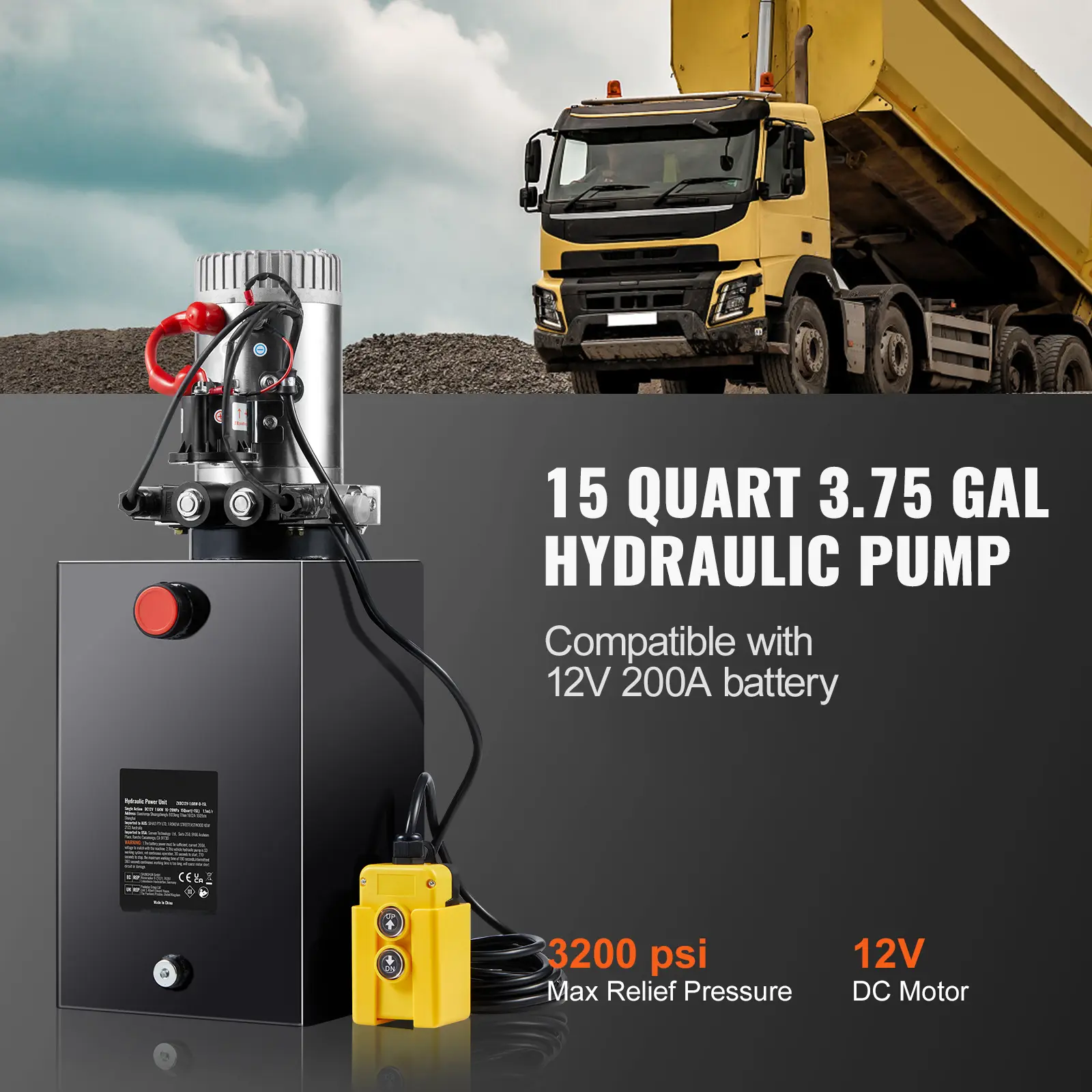 SucceBuy Hydraulic Pump 15 Quart Hydraulic Power Unit Double Acting Dump Trailer Pump 0.91GPM Flow Rate DC 12V Hydraulic Pump