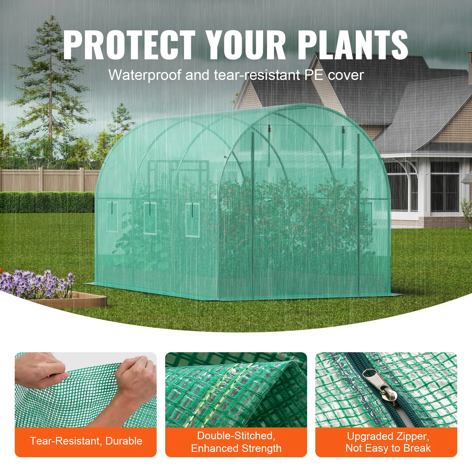 SucceBuy Walk-in Tunnel Greenhouse Hoop House Greenhouse Tunnel Plant Hot House with Steel Frame PE Cover Roll-up Zipper Door