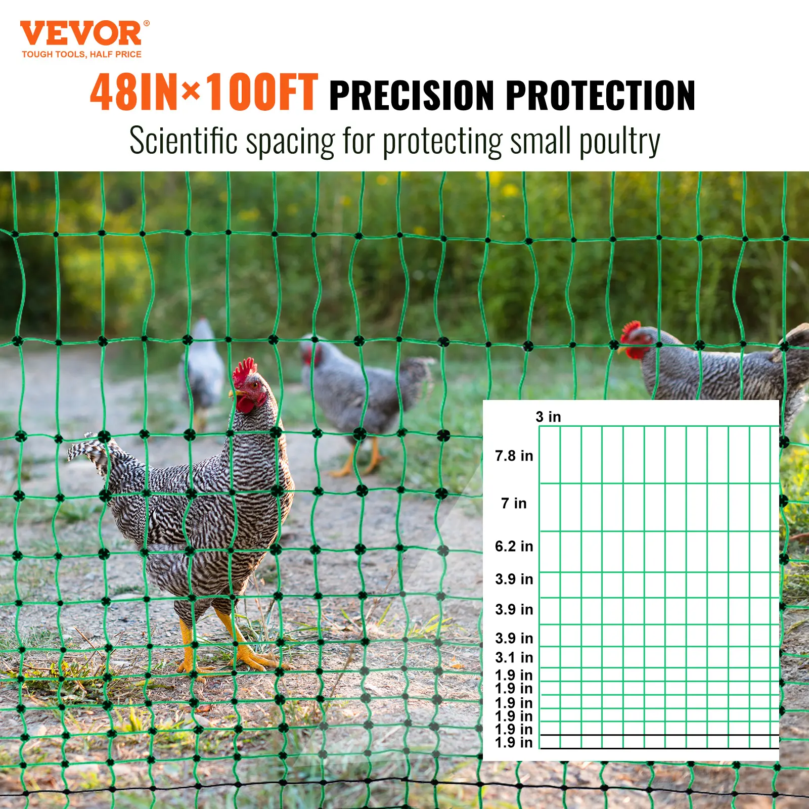 VEVOR Electric Fence Netting 48" H x 100' L PE Net Fencing Kit with Posts & Double-Spiked Stakes Utility Portable Mesh for Ducks