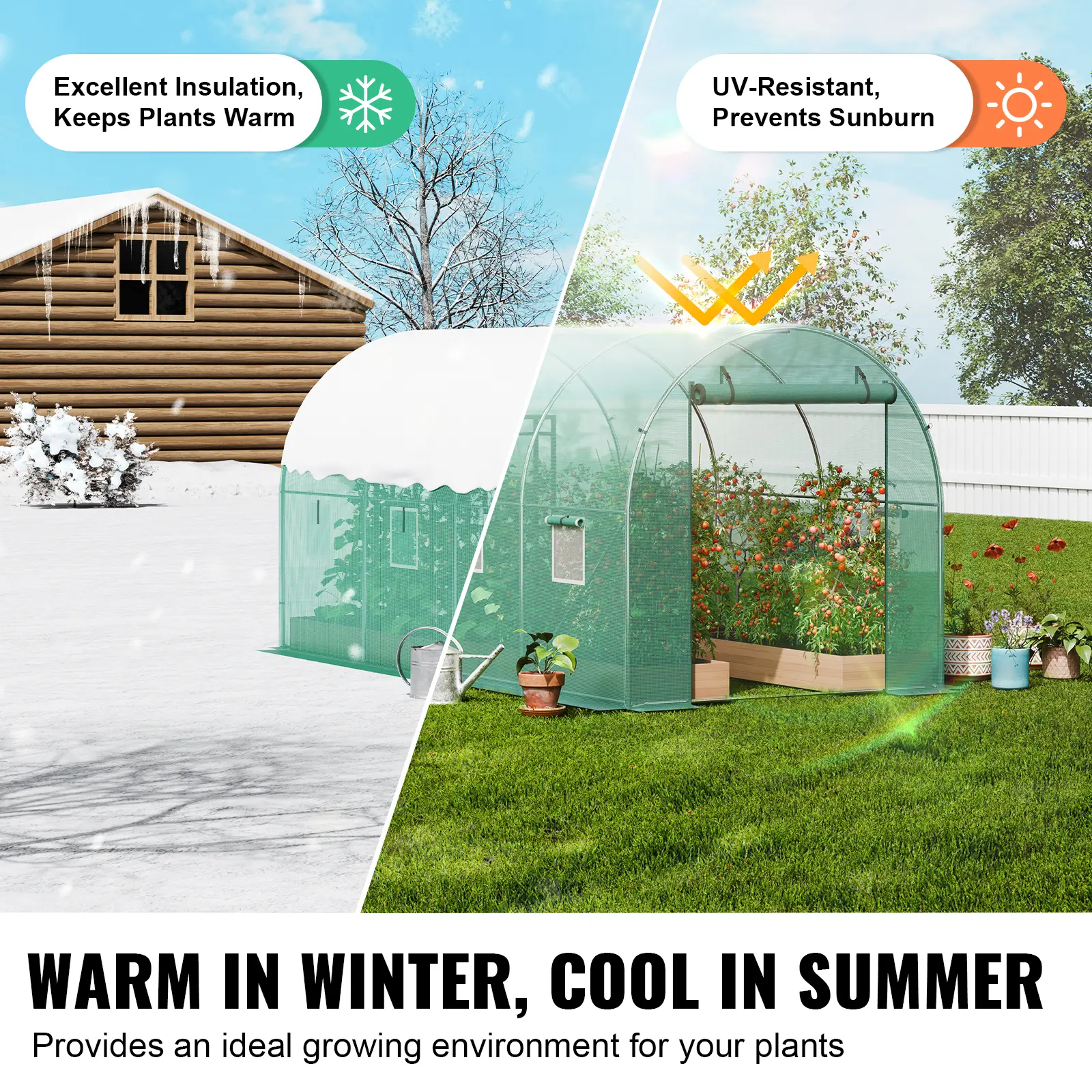 SucceBuy Walk-in Tunnel Greenhouse Hoop House Greenhouse Tunnel Plant Hot House with Steel Frame PE Cover Roll-up Zipper Door