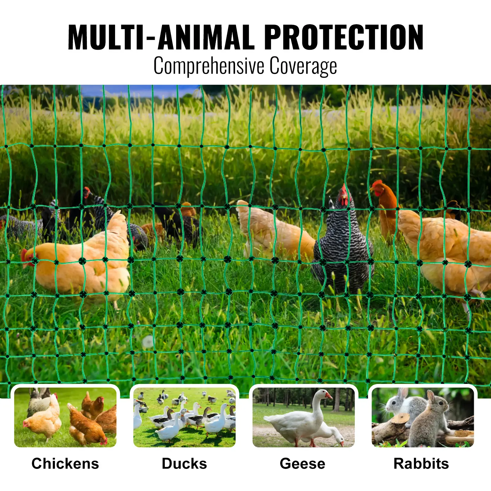 VEVOR Electric Fence Netting 48" H x 100' L PE Net Fencing Kit with Posts & Double-Spiked Stakes Utility Portable Mesh for Ducks