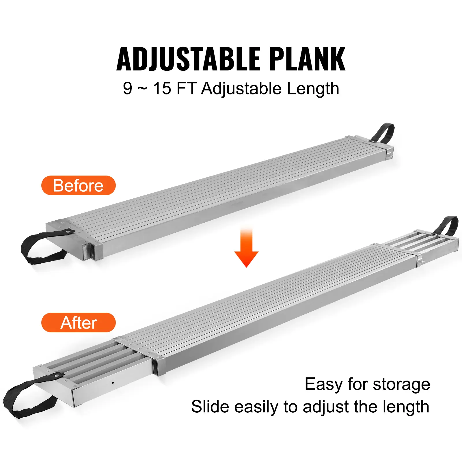SucceBuy Telescoping Aluminum Work Plank 9-15 Feet 500lbs Capacity 12.5in Width Aluminum Scaffold Plank Extension Staging Plank