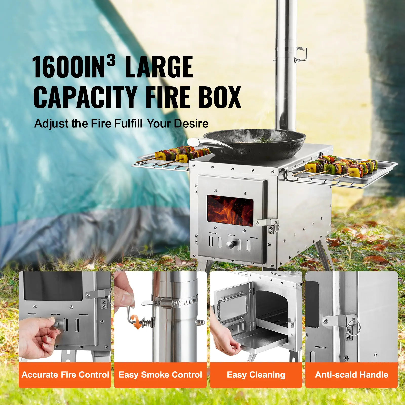 SucceBuy Wood Stove 86in Stainless Steel Camping Tent StovePortable Wood Burning Stove with Chimney Pipes & Gloves3000in³Firebox