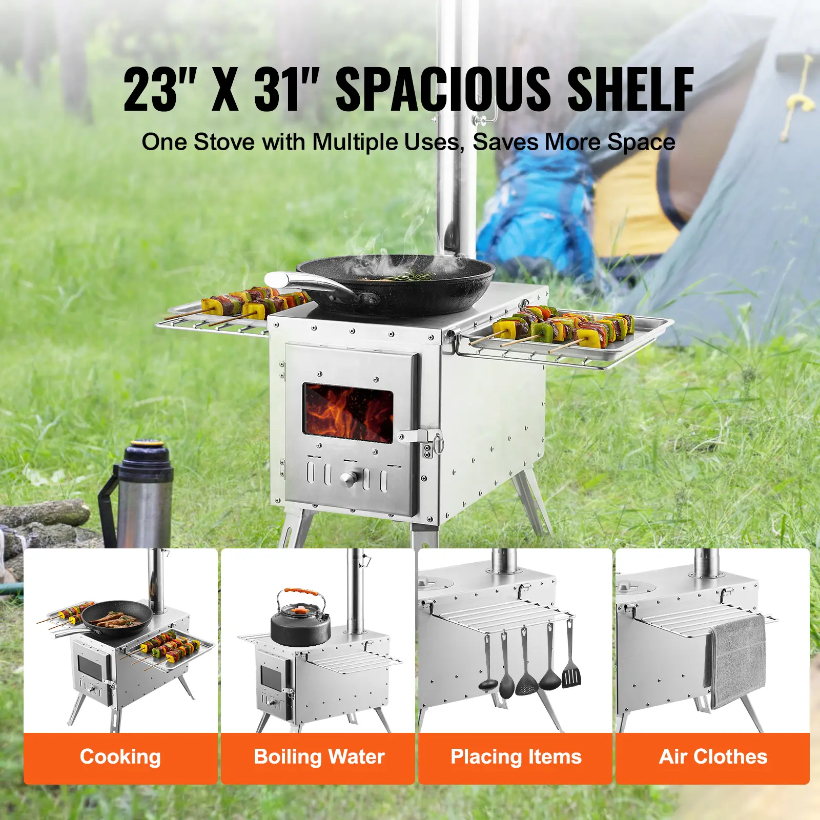 SucceBuy Wood Stove 86in Stainless Steel Camping Tent StovePortable Wood Burning Stove with Chimney Pipes & Gloves3000in³Firebox
